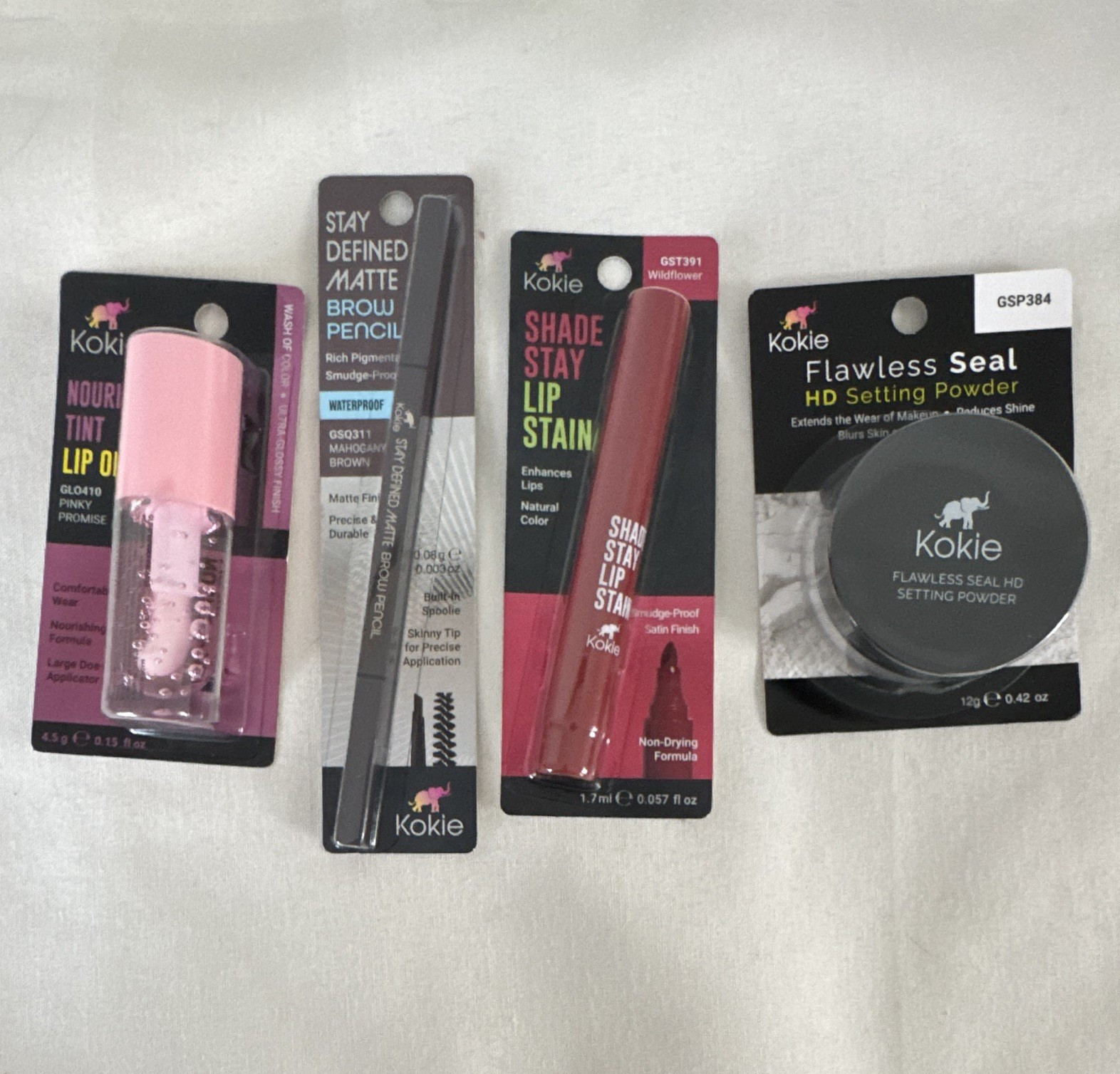 Kokie Makeup Lot: HD Setting Powder, Lip Oil, Lip Stain, Brow Pencil Waterproof