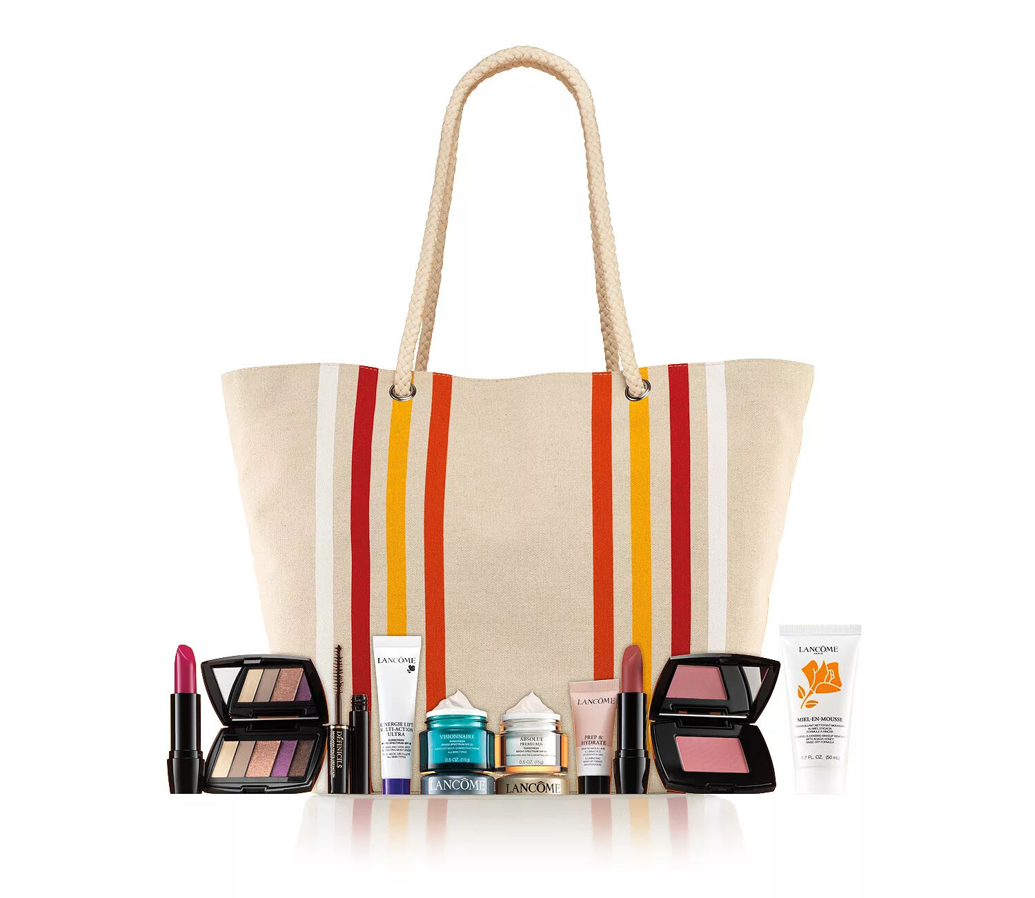 Lancome Day Cream,Lipstick,Blush,Palette,Mascara,Mousse & More In Tote Gift Set