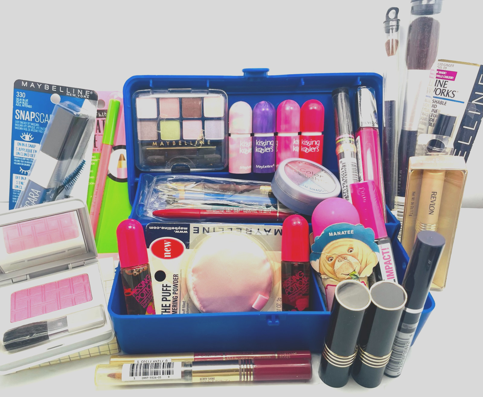 30 PC 80s COSMETICS- Maybelline Kissing Lips,Caboodles, Love’s Baby, Eyeshadow