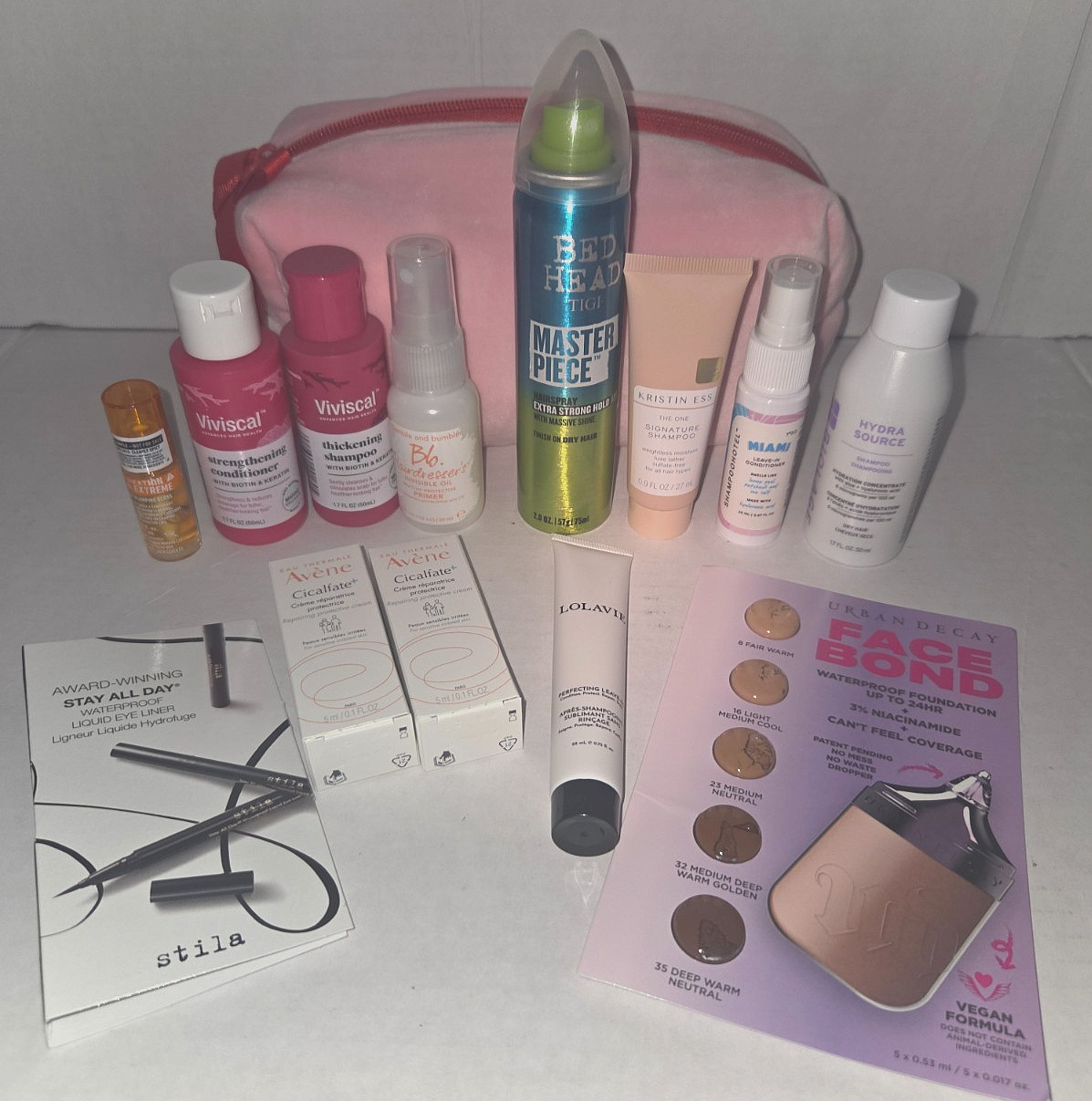 Lot 14pc Cosmetic Samples Pink Bag shampoo hair spray conditioner eye liner Lip