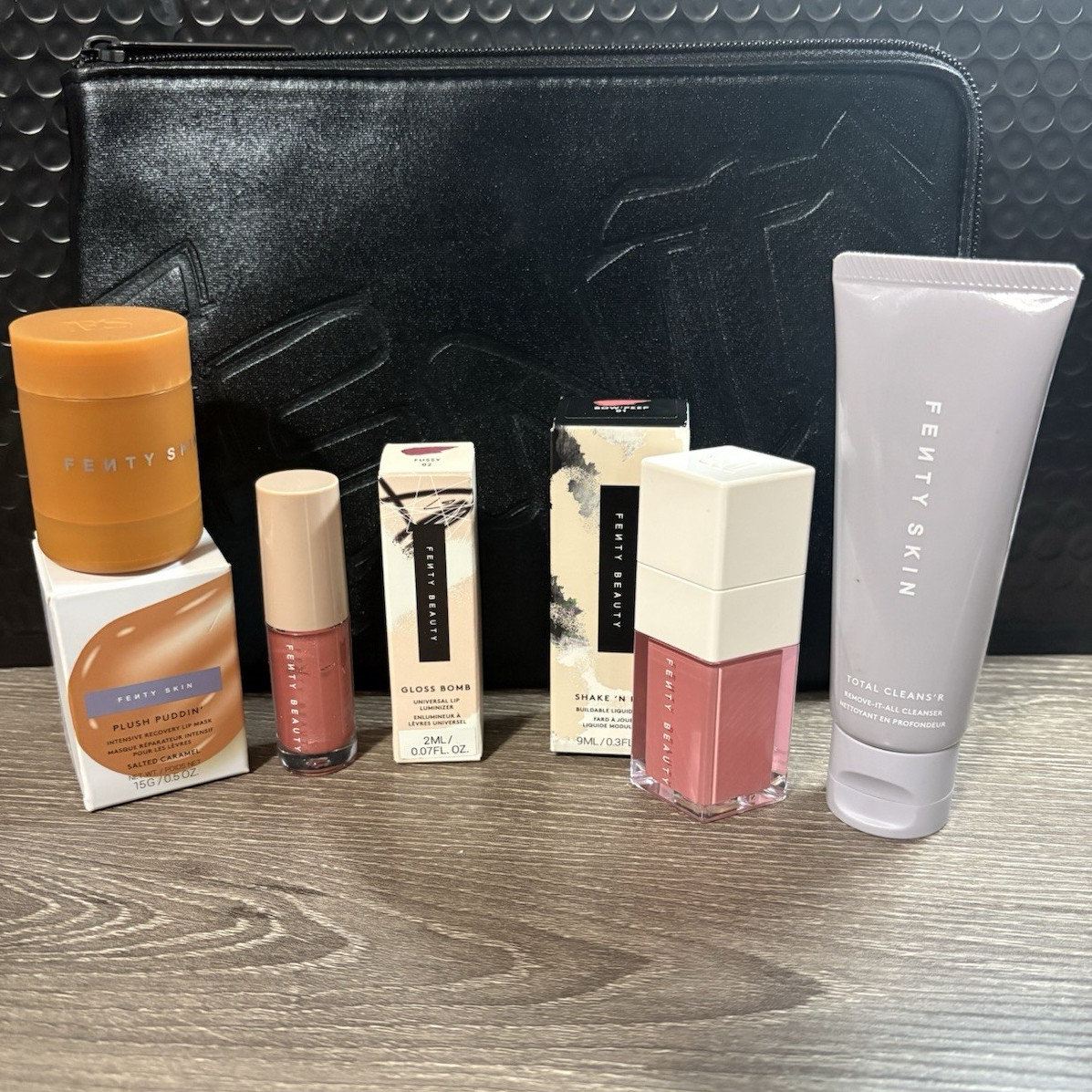 Fenty Beauty Mini Makeup Set + Black Pouch – Fussy 02 Bow’Peep 01 Salted Caramel
