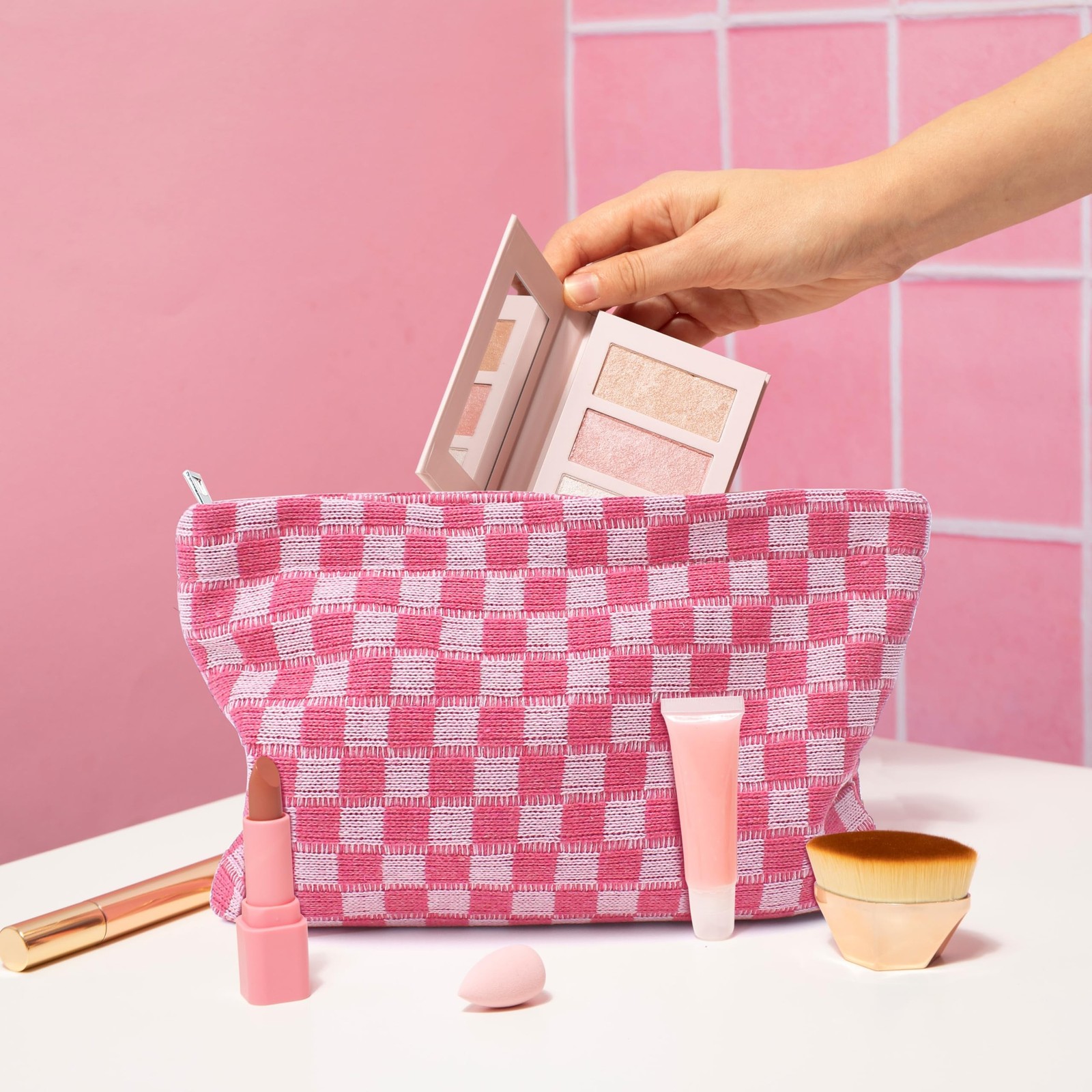 4Pcs Pink Checkered Makeup Bags, Cosmetic Toiletry Large Capacity Organizer G…