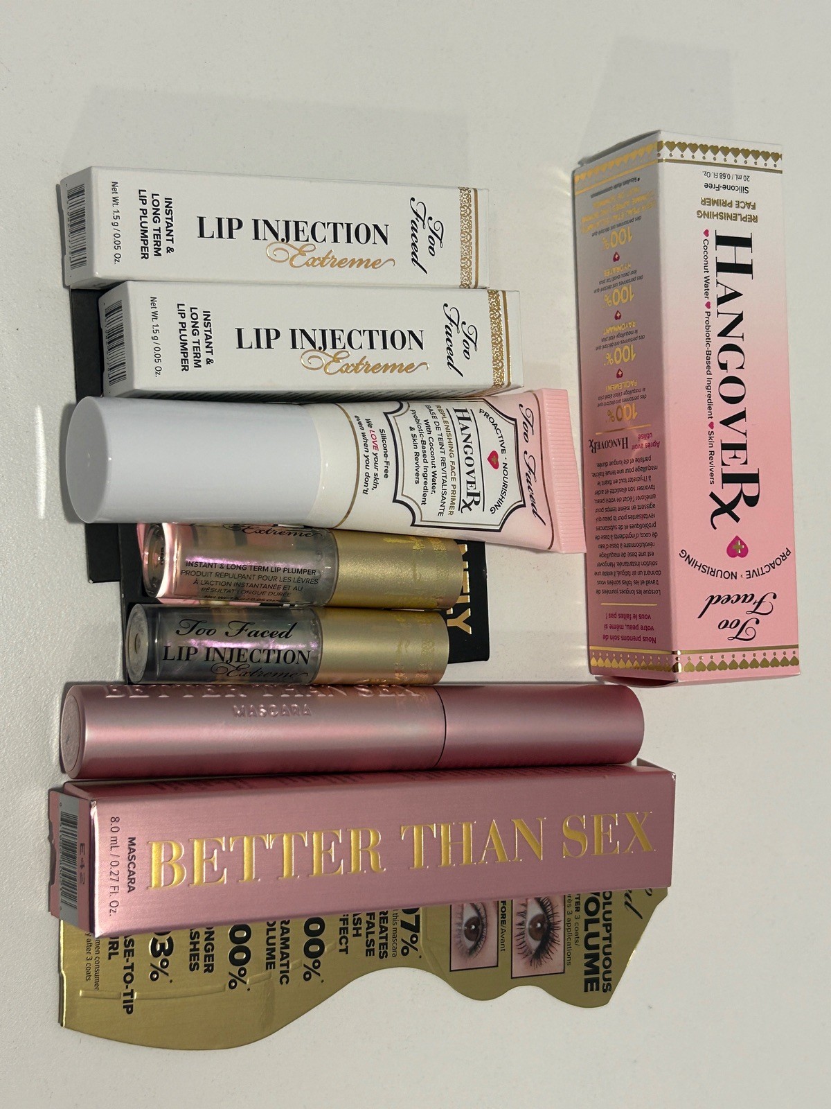 Too Faced Better Than Sex Mascara, Hangover RX, Lip Injection Extreme 4pc NEW