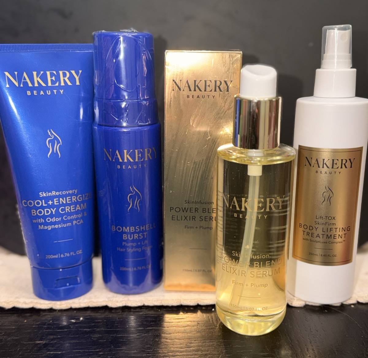 Nakery Beauty 4 Pc Lift & Firm Collection Serum, Spray, Cream & Hair Foam NEW
