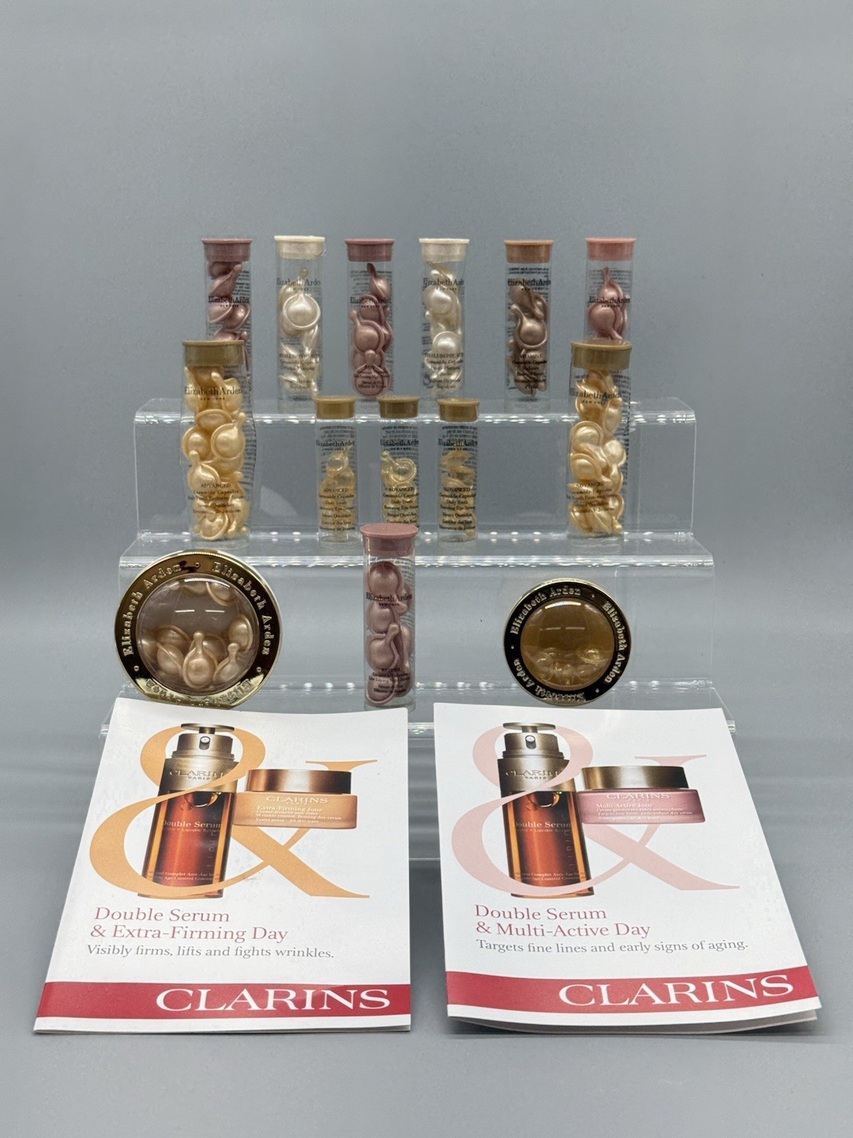 WHOLESALE LOT OF 119 CAPSULES ELIZABETH ARDEN / CLARINS PARIS BEAUTY PRODUCTS