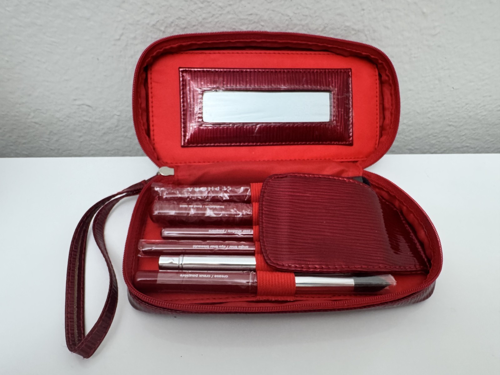 SEPHORA Makeup Brush Set Travel Mini Brushes w/ Mirror Case Cosmetic Kit Red