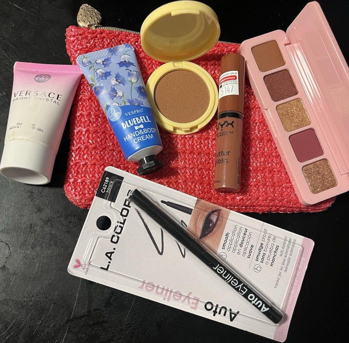 Assorted Makeup Travel Lot: Versace Bright Crystal, NYX Gloss, Eyeliner