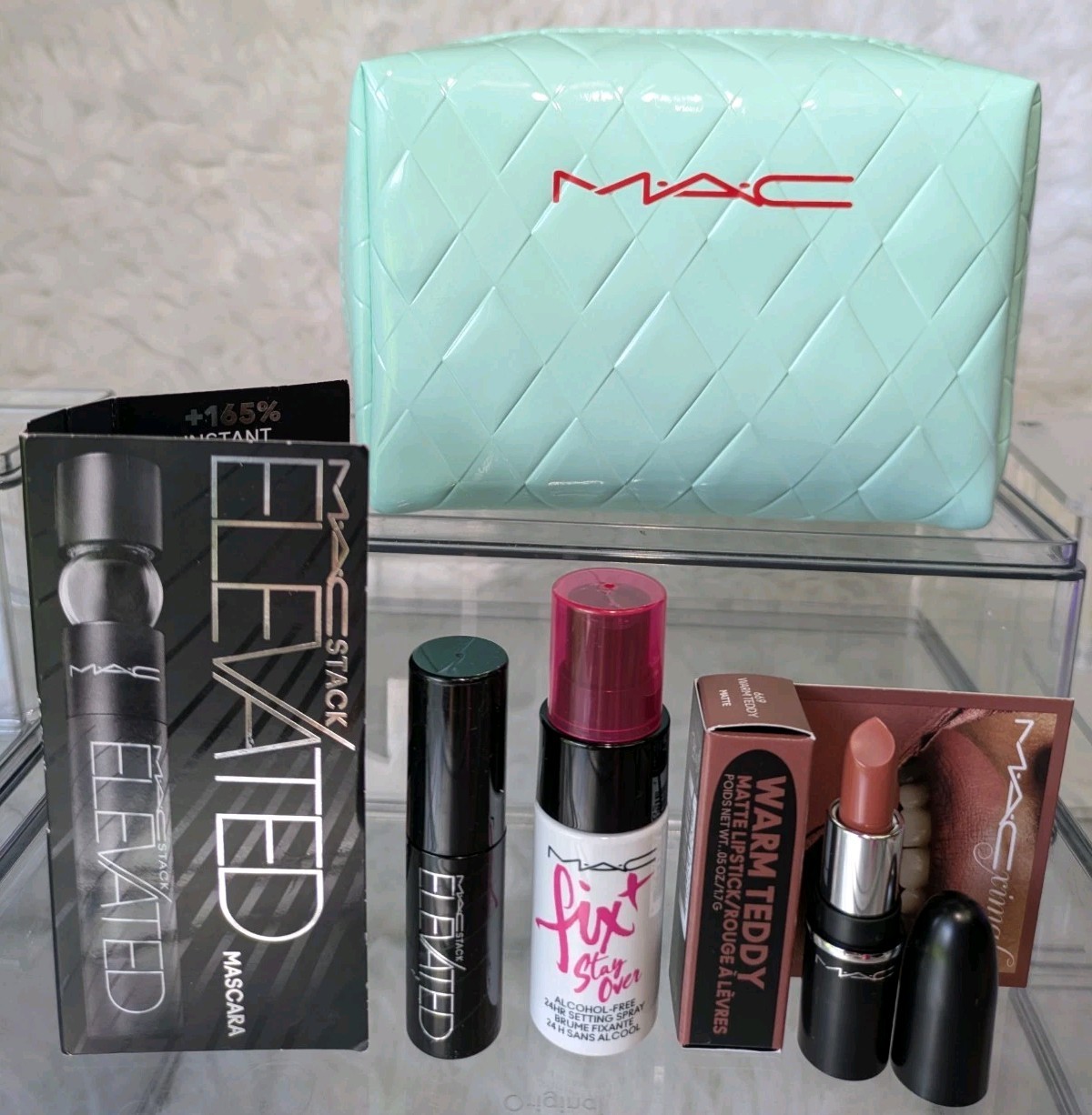 MAC Lot of 4 Warm Teddy Lipstick, Mascara, Setting Spray, & Tiffany Green Pouch