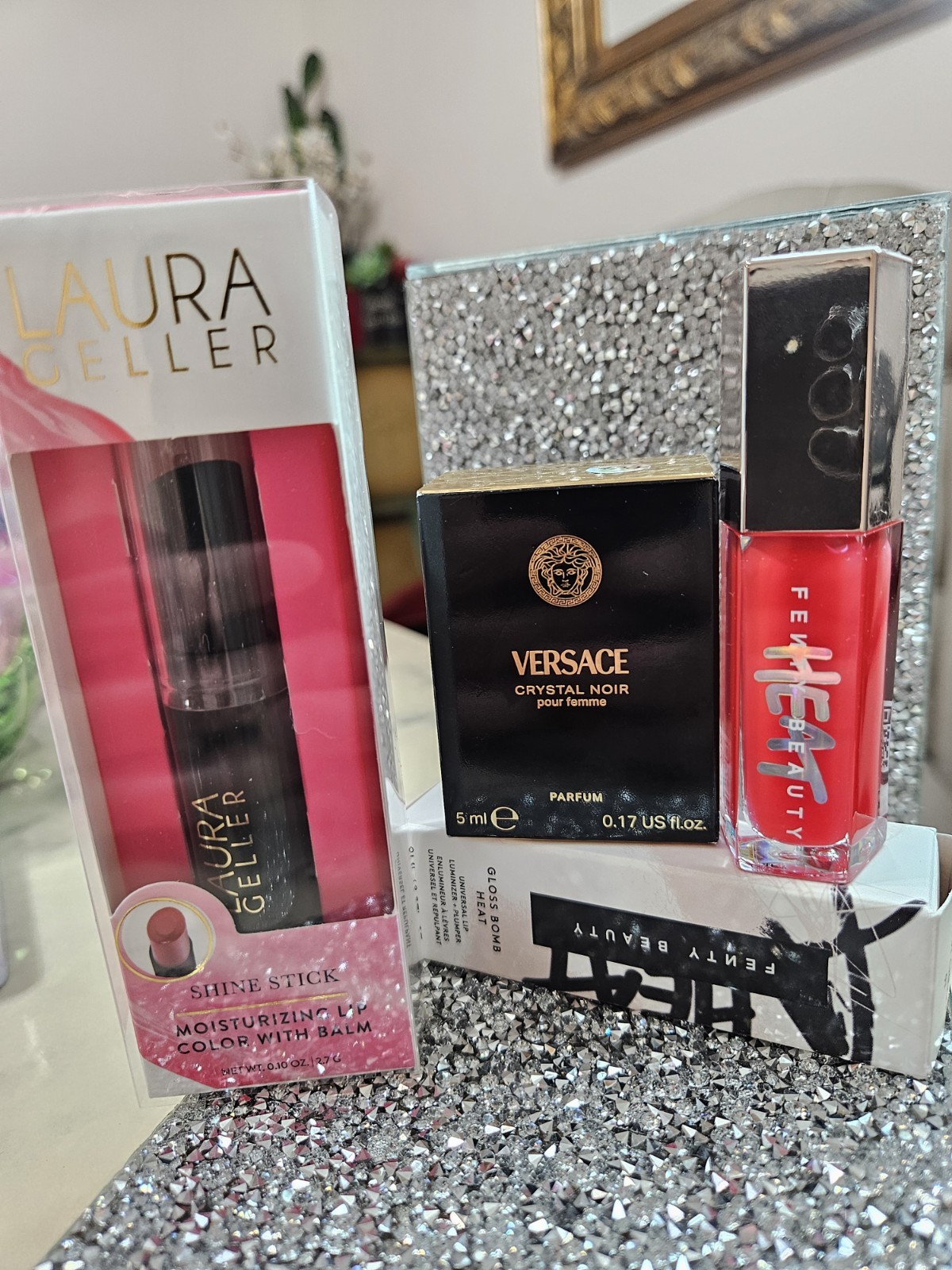 Laura Geller Shine Stick, Versace Crystal Noir, Fenty Beauty Gloss Bomb Lot