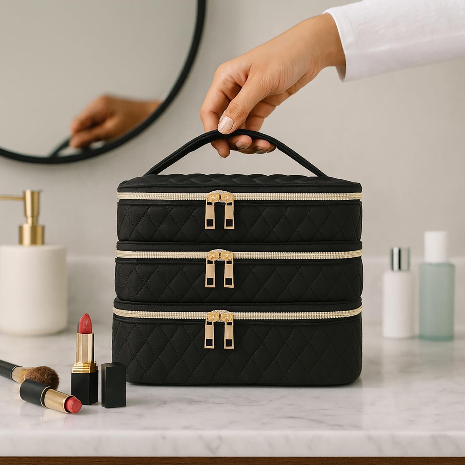 Travel Makeup Bag for Women Three Layer Large Cosmetic Case Water-resistant T…