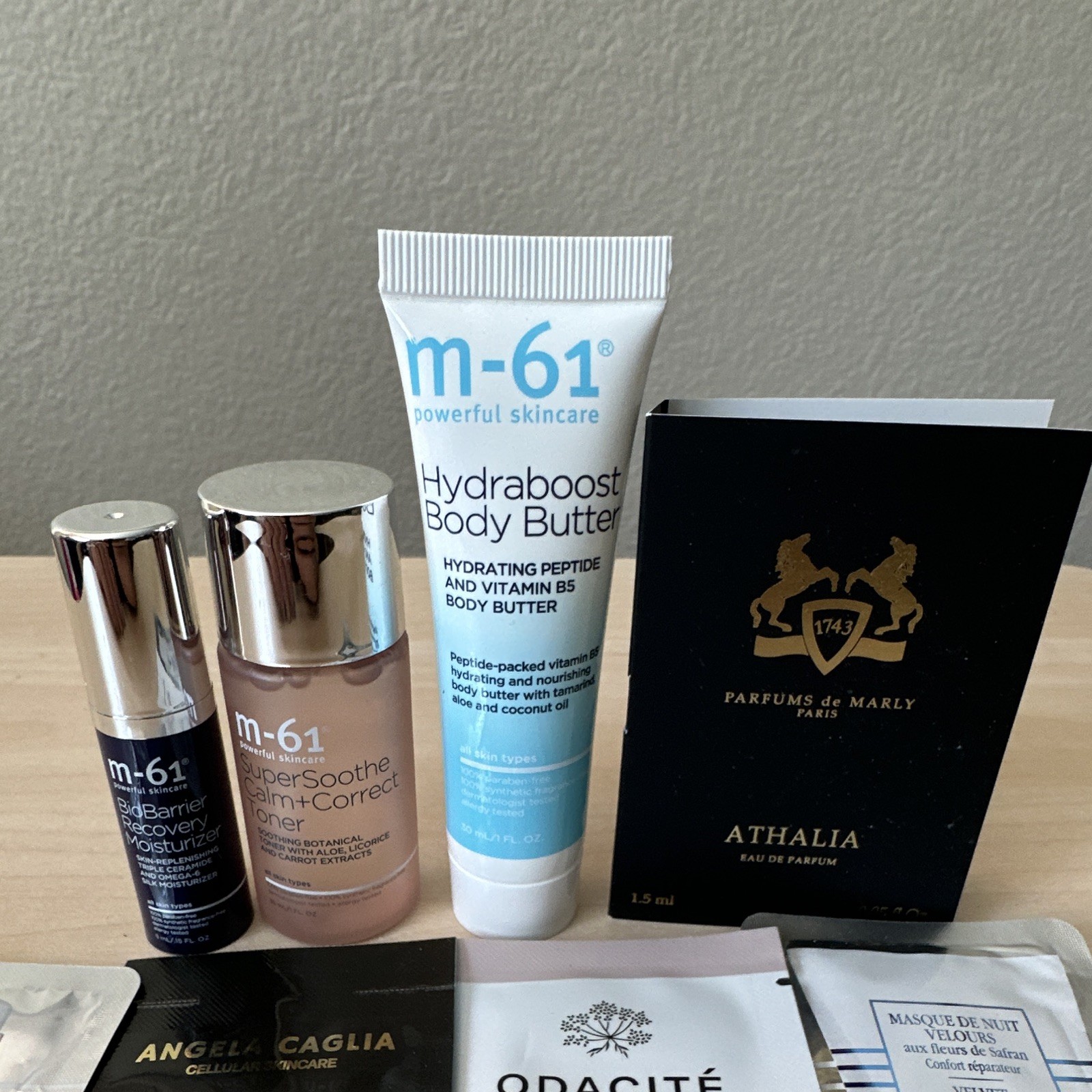 Assorted Sample Beauty Lot: m-61 Skincare, Parfums de Marly Athalia, Odacité