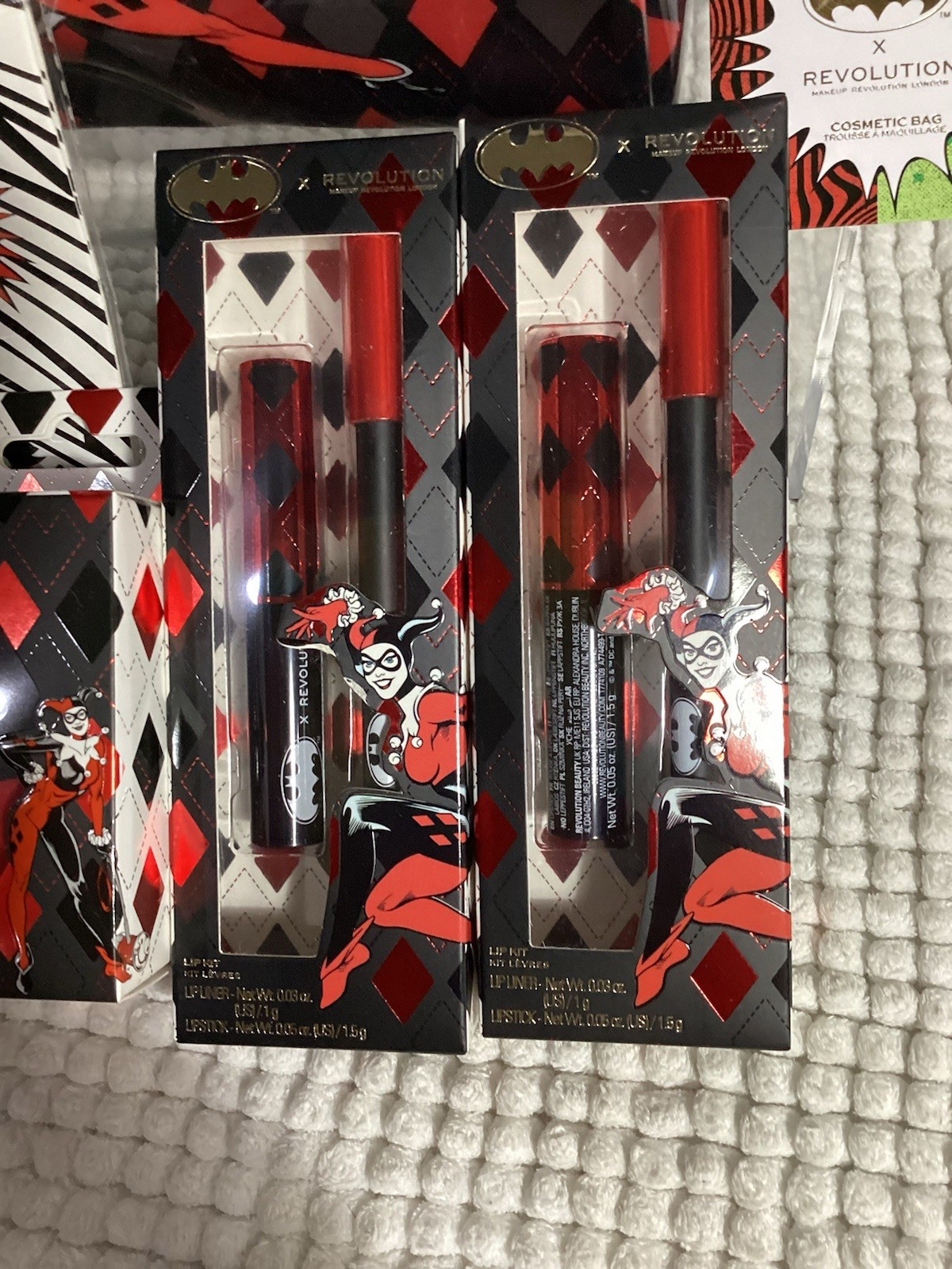 Revolution x DC Harley Quinn 5pc Lot; Cosmetic Bag, Sponge, 2 Lip Kits & Sticker