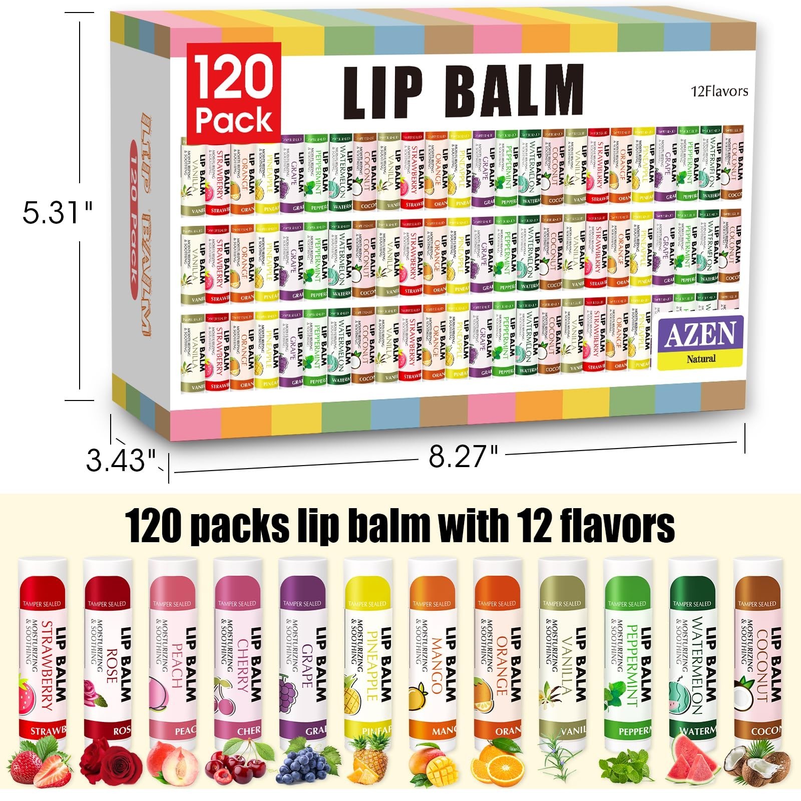 AZEN 120 Pack Lip Balm Bulk, Moisturizing Lip Balms for dry cracked lips, Val…