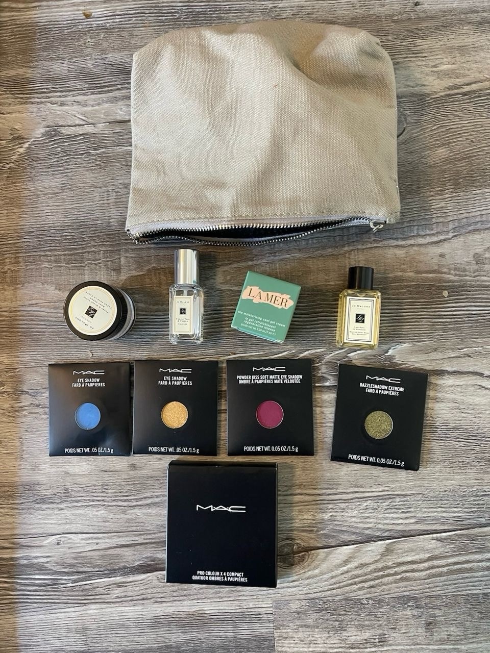 Assorted Sample Size Mixed Makeup Lot MAC Eyeshadows, La Mer, Jo Malone, Bag