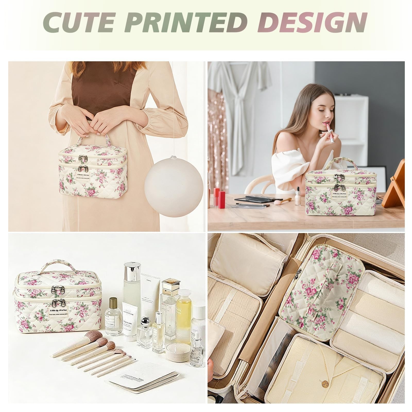 Large Quilted Makeup Bag, Large Floral Cosmetic Bag for Women, Cute Cotton Ma…
