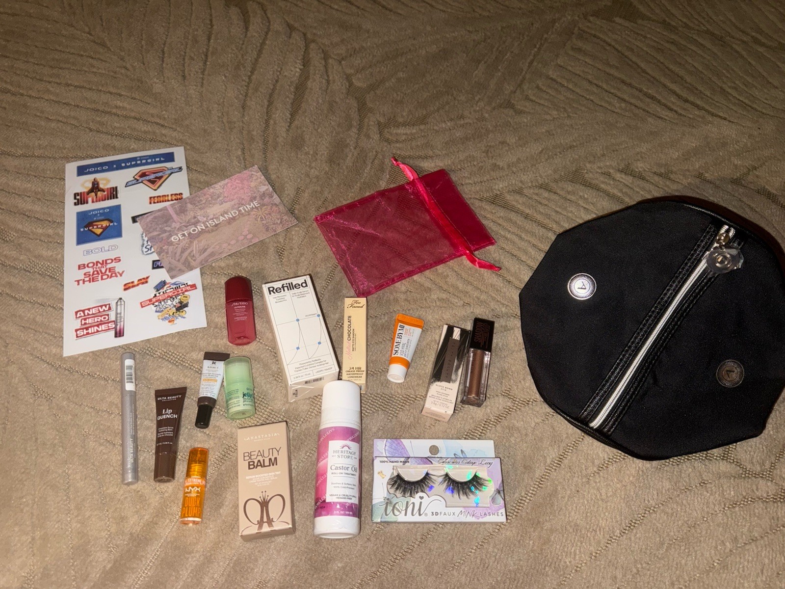 Assorted Mixed Beauty Lot Sample/Travel Size Makeup & Skincare, False Lashes Bag