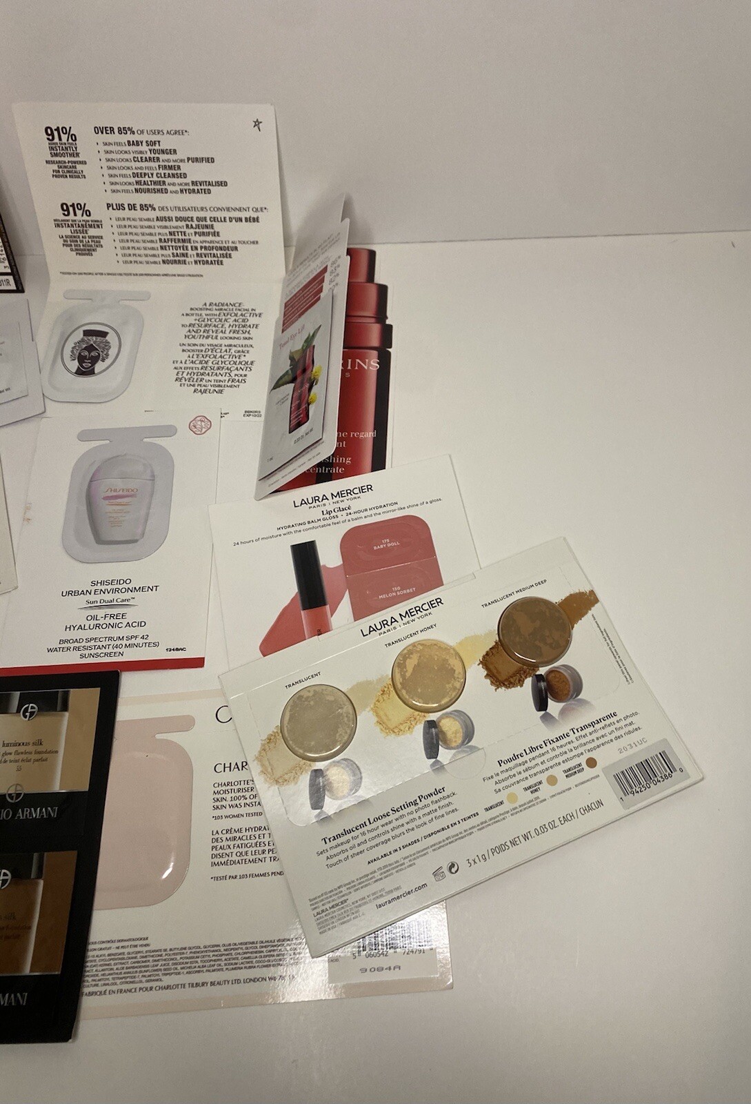 10 Pcs Beauty Makeup Skin Samples Tilbury Armani YSL Ford Mercier Clarins BONUS