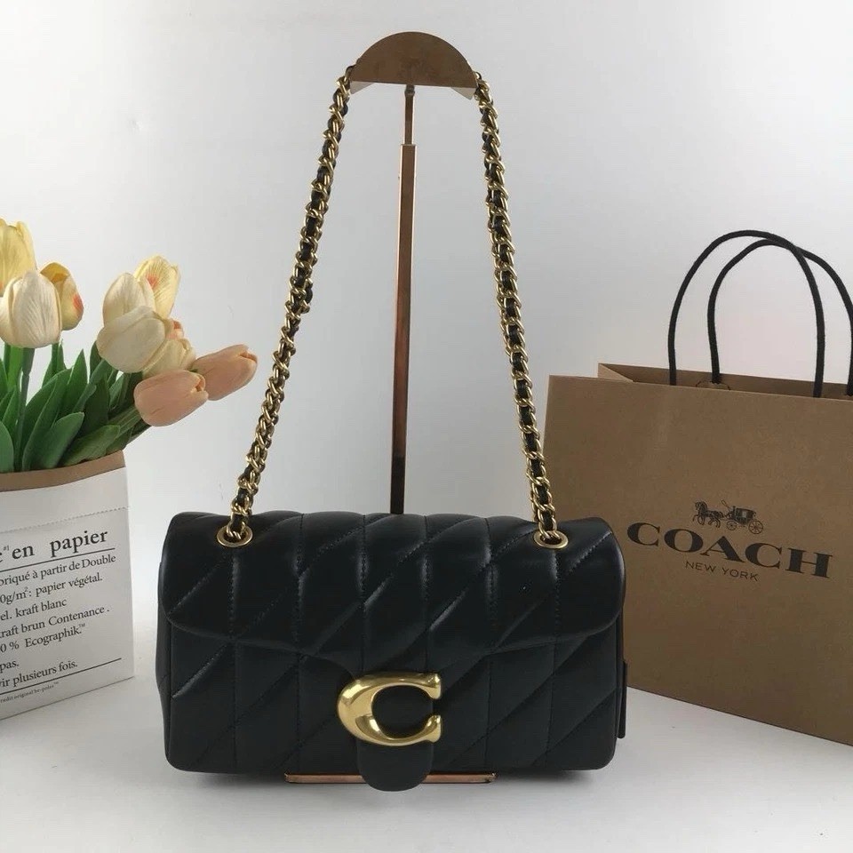 Coach Quilted Tabby 26 Shoulder Bag Black Nappa Leather Gold-Tone Chain Strap