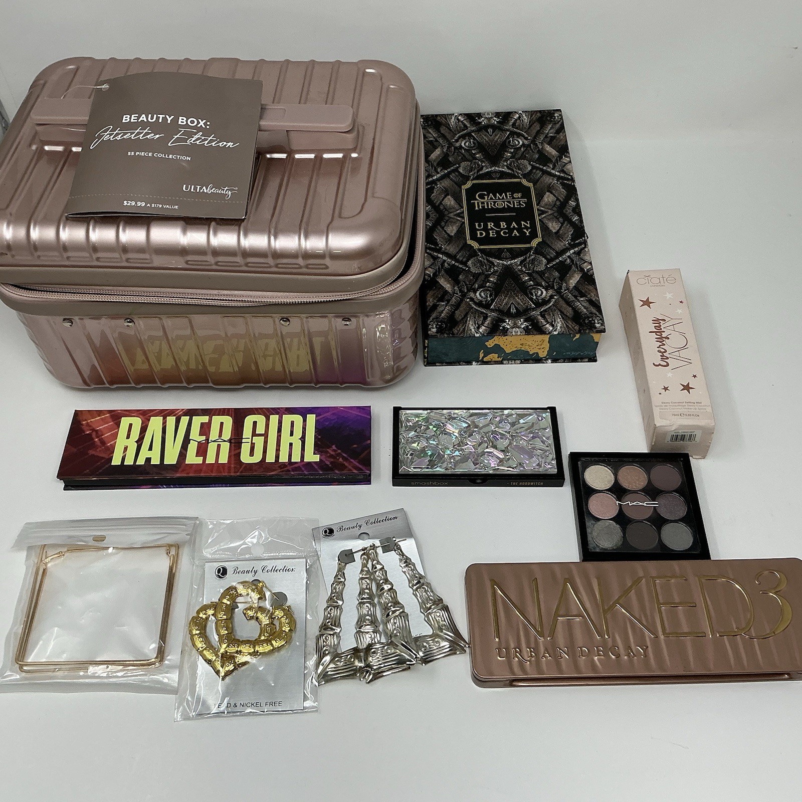 Premium Makeup Case Set Eyeshadow Palettes Kit Spray Jewelry Bundle