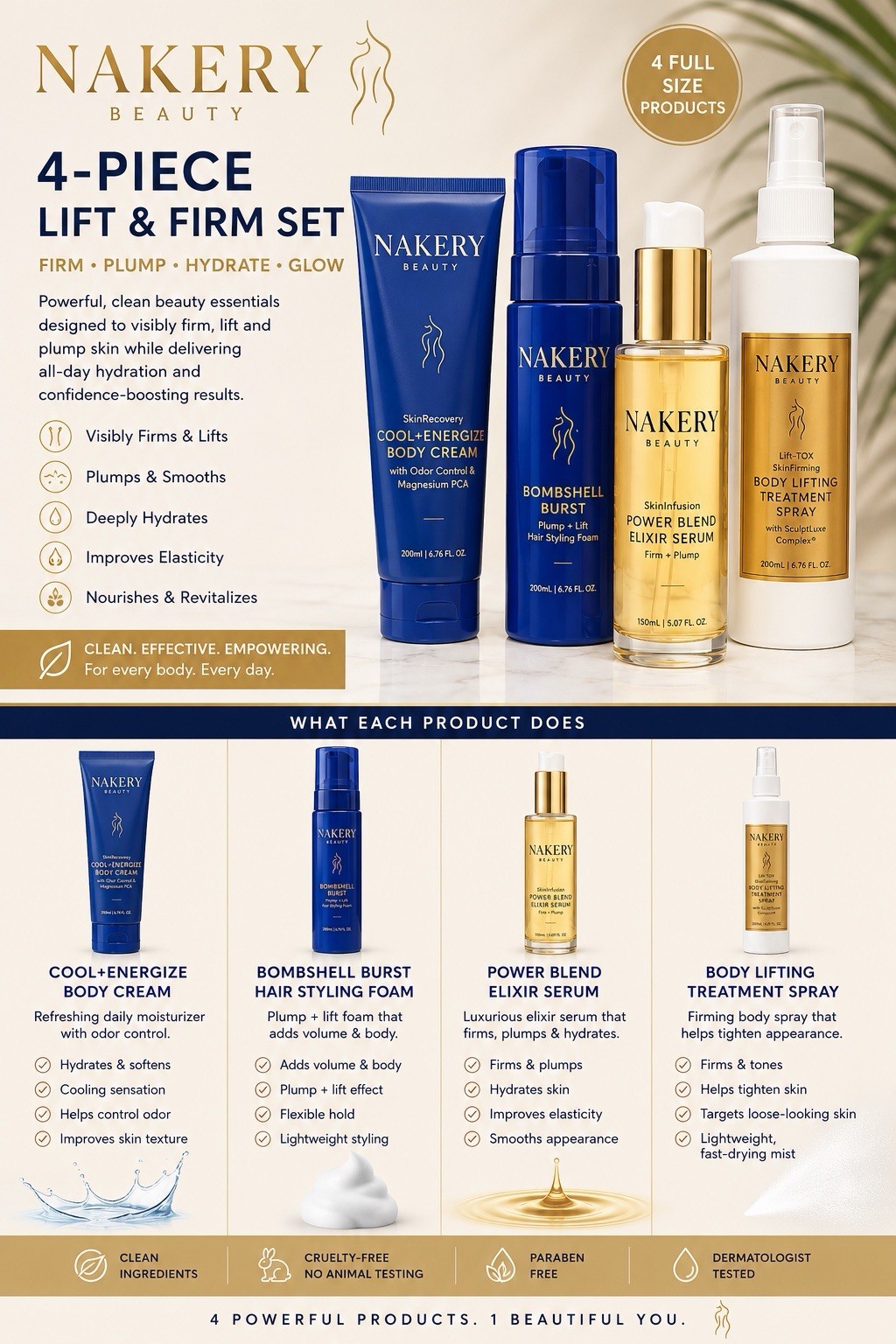 Nakery Beauty 4 Pc Lift & Firm Collection Serum, Spray, Cream & Hair Foam NEW