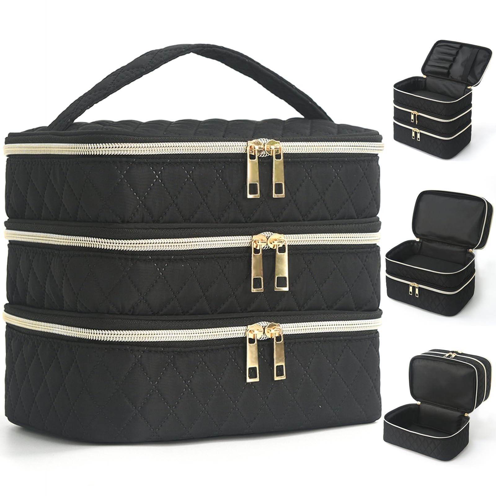 Travel Makeup Bag for Women Three Layer Large Cosmetic Case Water-resistant T…
