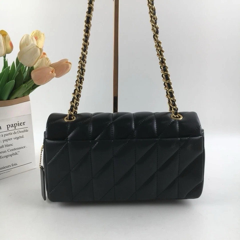 Coach Quilted Tabby 26 Shoulder Bag Black Nappa Leather Gold-Tone Chain Strap