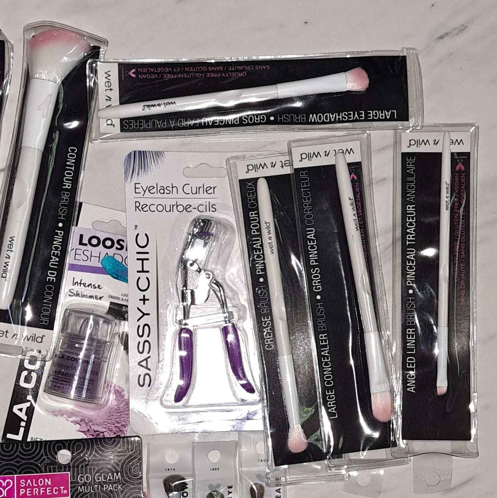 wet n wild + e.l.f. Makeup Tool Lot Full Size Brushes, Lash Curler + Eyeliner