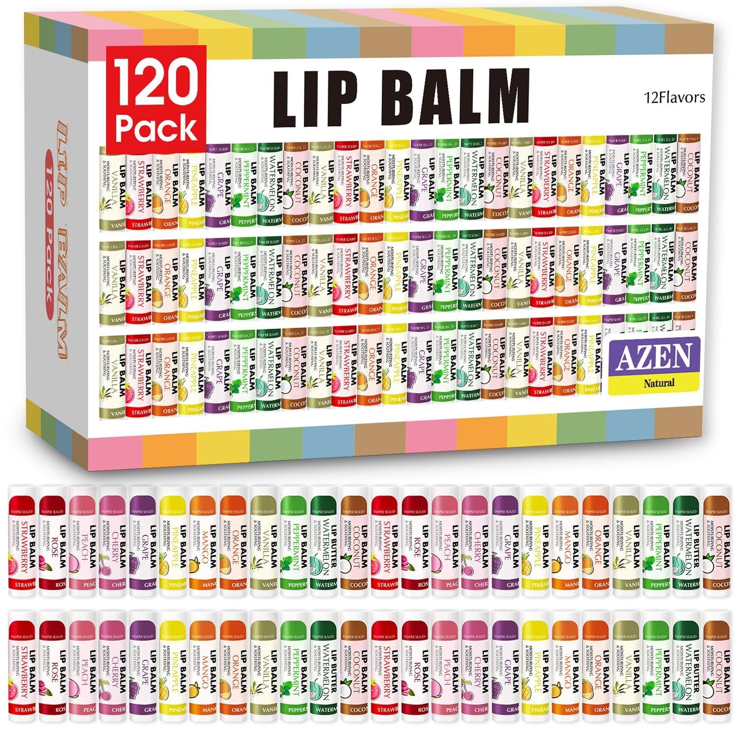 AZEN 120 Pack Lip Balm Bulk, Moisturizing Lip Balms for dry cracked lips, Val…