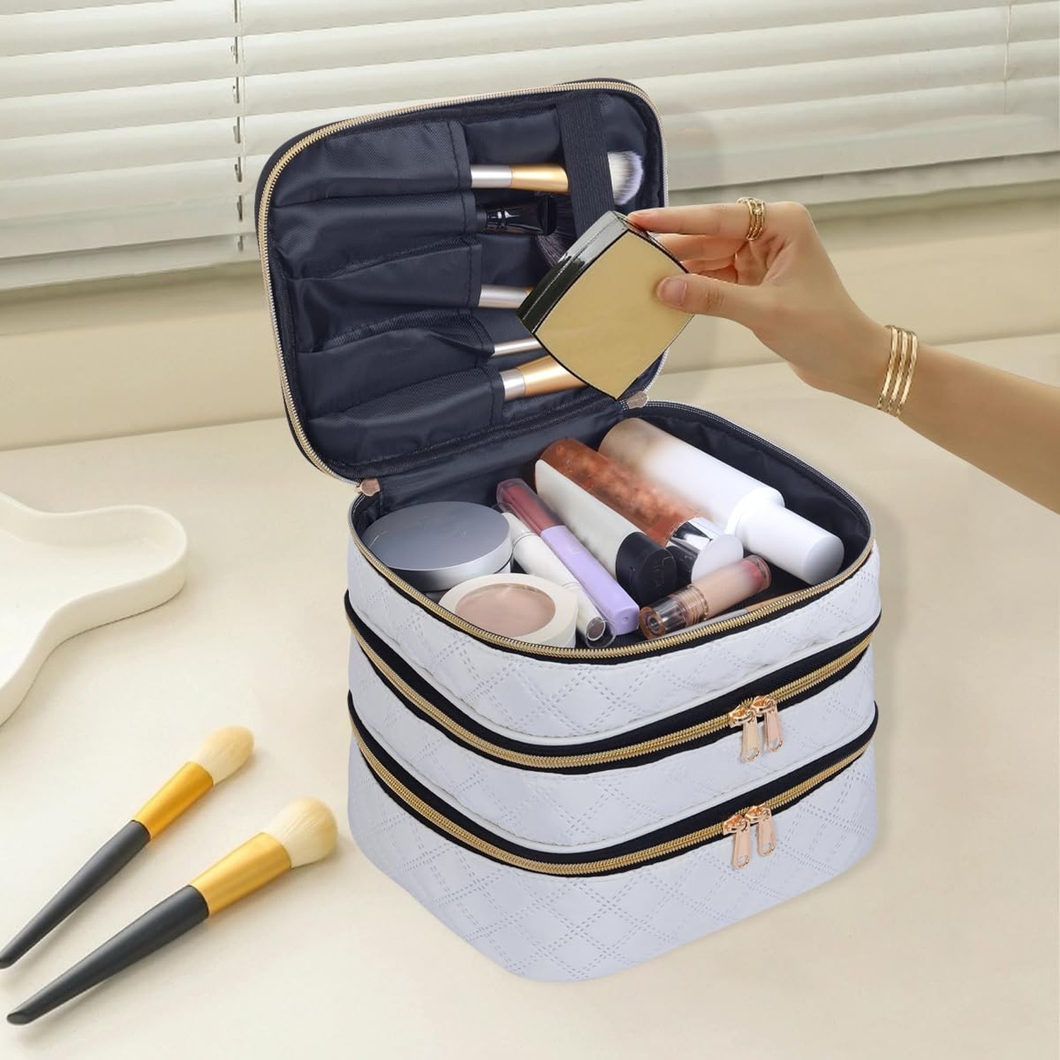 Large Makeup Bag 3 Layers with Handle Travel Organizer Case(Beige) | Large Ma…