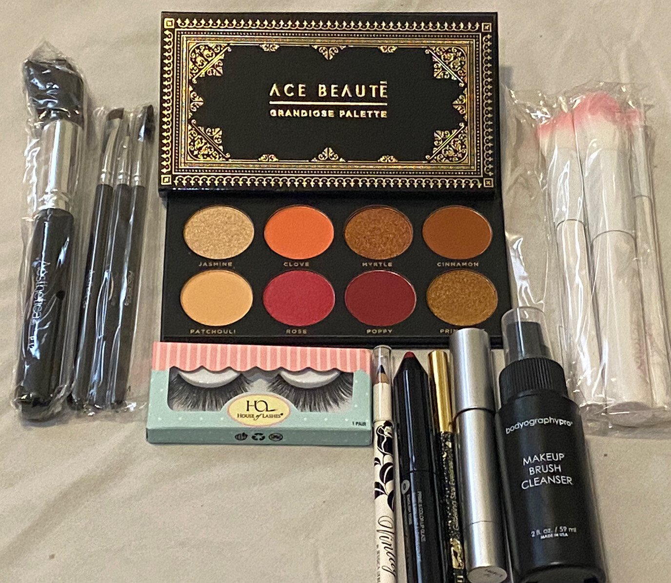 Lot of 14 Full Size Make Up- Brush, Brush Cleaner, Ace Beaute Eyeshadow Palette