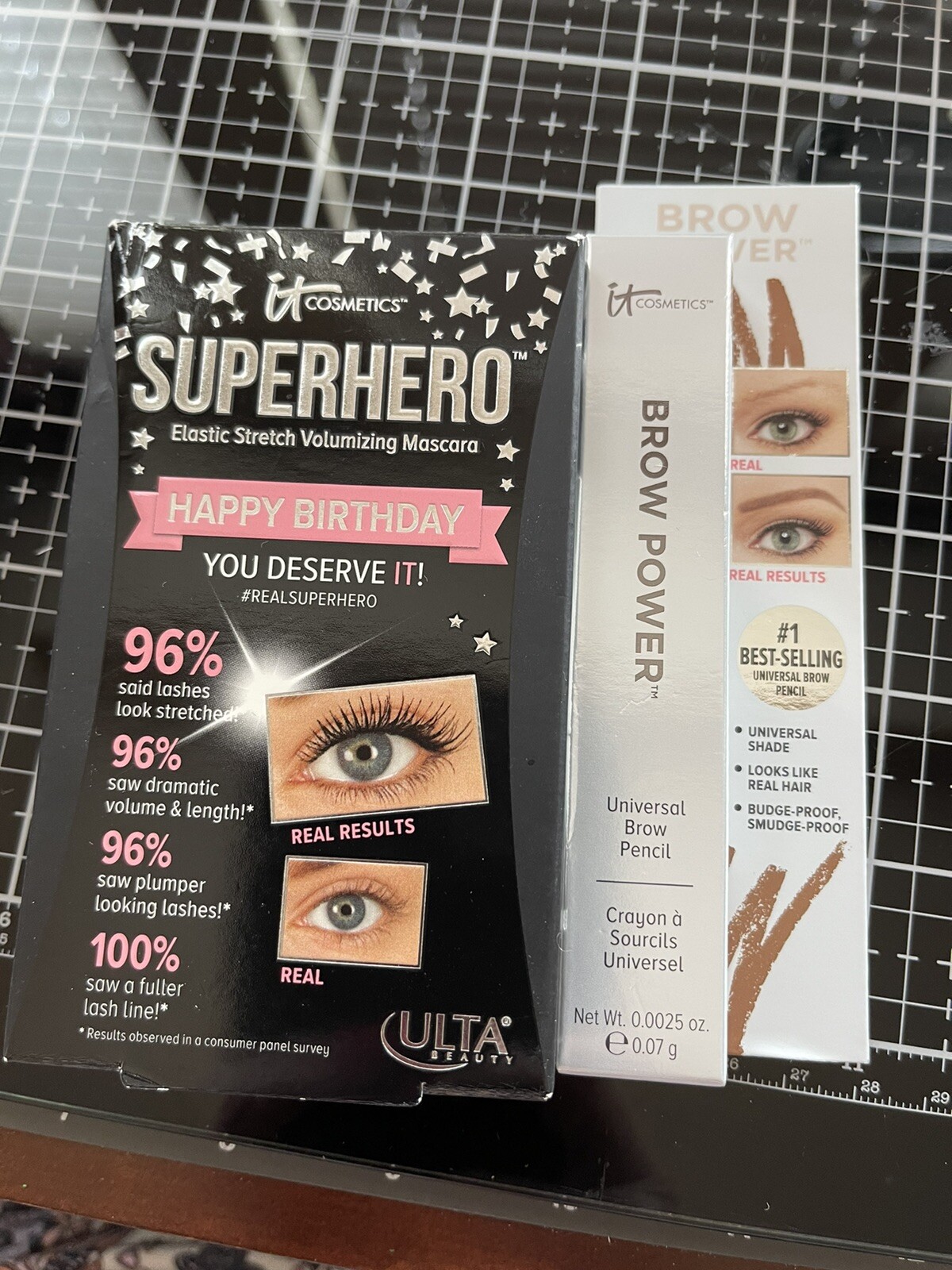 IT COSMETICS BROW POWER UNIVERSAL BROW PENCIL & SUPERHERO VOLUMIZING MASCARA-NIB