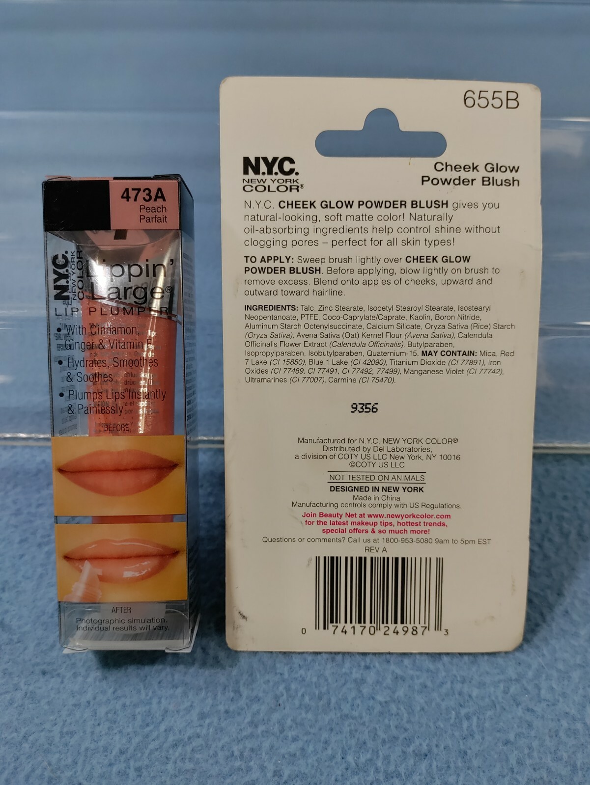 NEW LOT OF 2 NYC NEW YORK COLOR PINK POWDER BLUSH 655B & PEACH LIP PLUMPER 473A