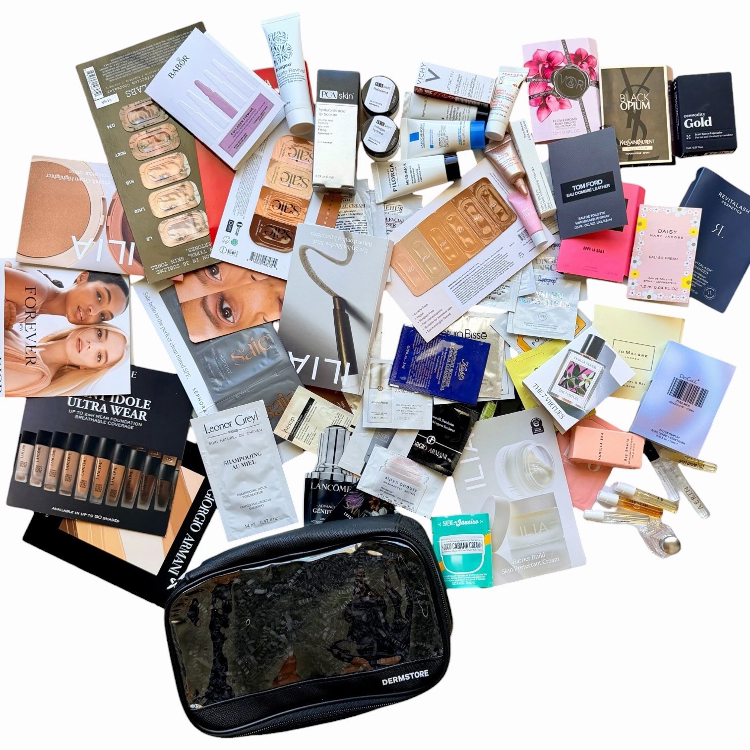 GIANT Lot of 71 Luxury Beauty Samples Skincare Make Up Perfume + Cosmetic Bag