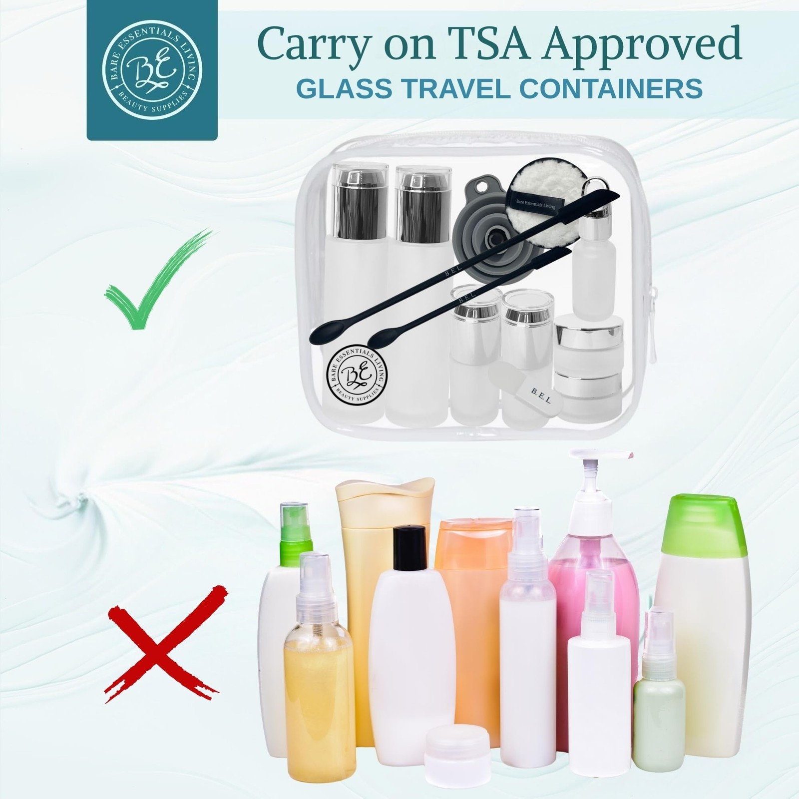 14 Pcs Travel Skincare Containers Set-TSA Approved Toiletry Bag & Glass Trave…