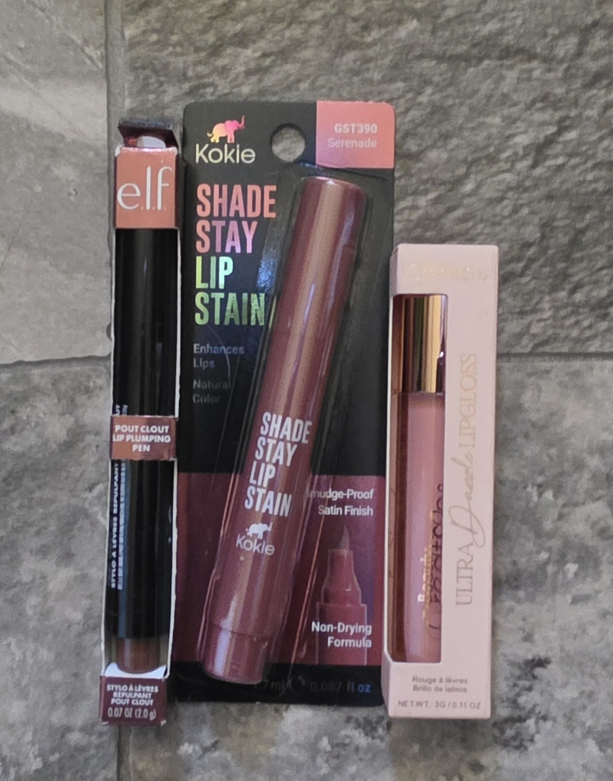 ELF Pout Clout Lip Plumping Pen, Beauty Creations Lip Gloss, Kokie Lip Stain