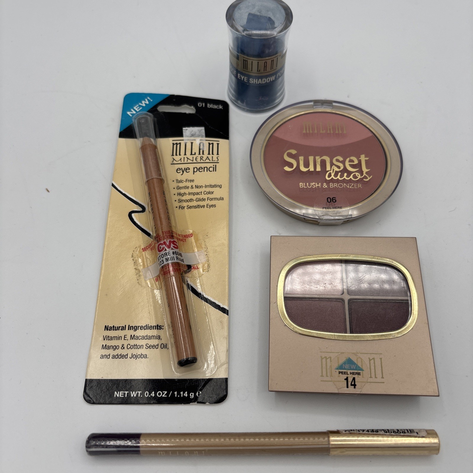 MILANI Lot 5 Eyes Shadow Blush Bronzer Purple Eye Pencil Blue Eye Shadow Powder