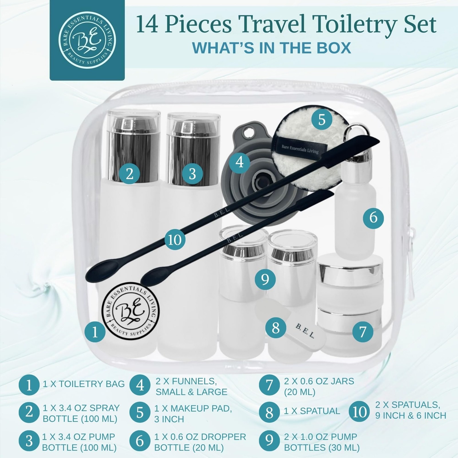 14 Pcs Travel Skincare Containers Set-TSA Approved Toiletry Bag & Glass Trave…