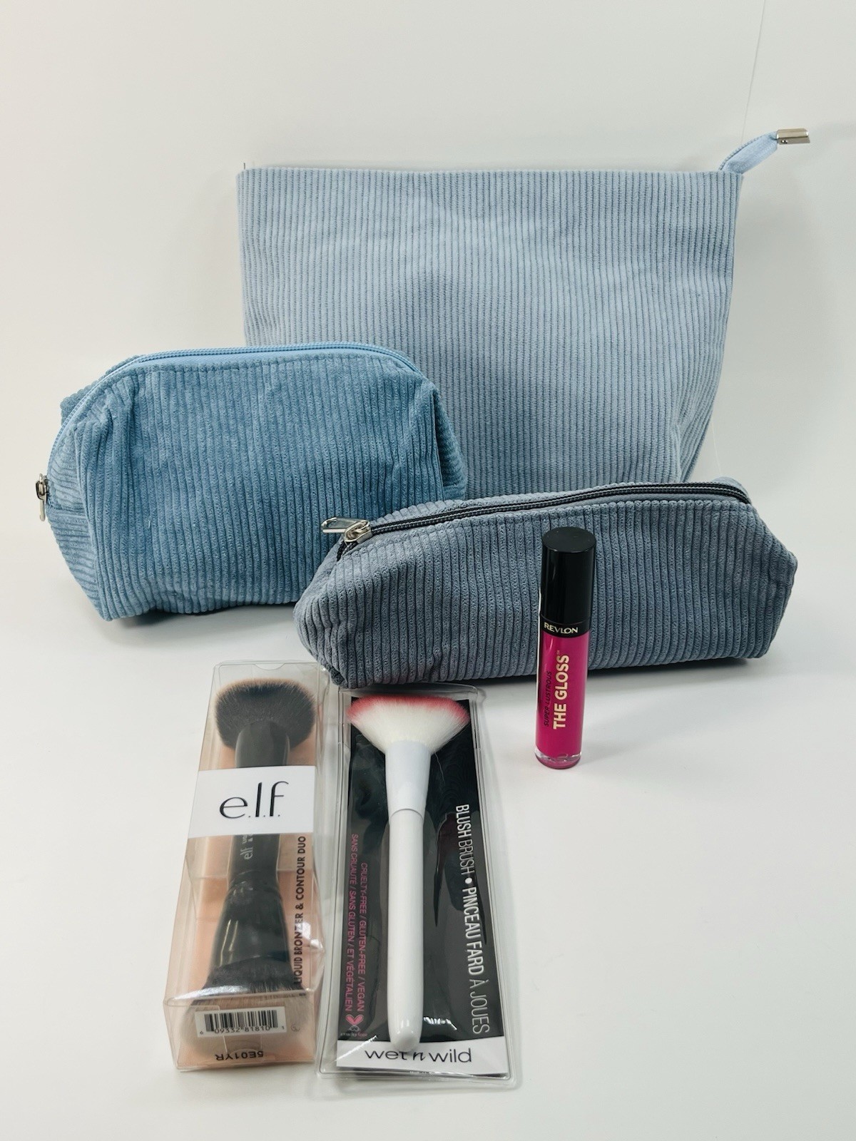 Beauty Bundle: e.l.f. Duo Brush + Wet n Wild Brush + Revlon Gloss + 3 Bags