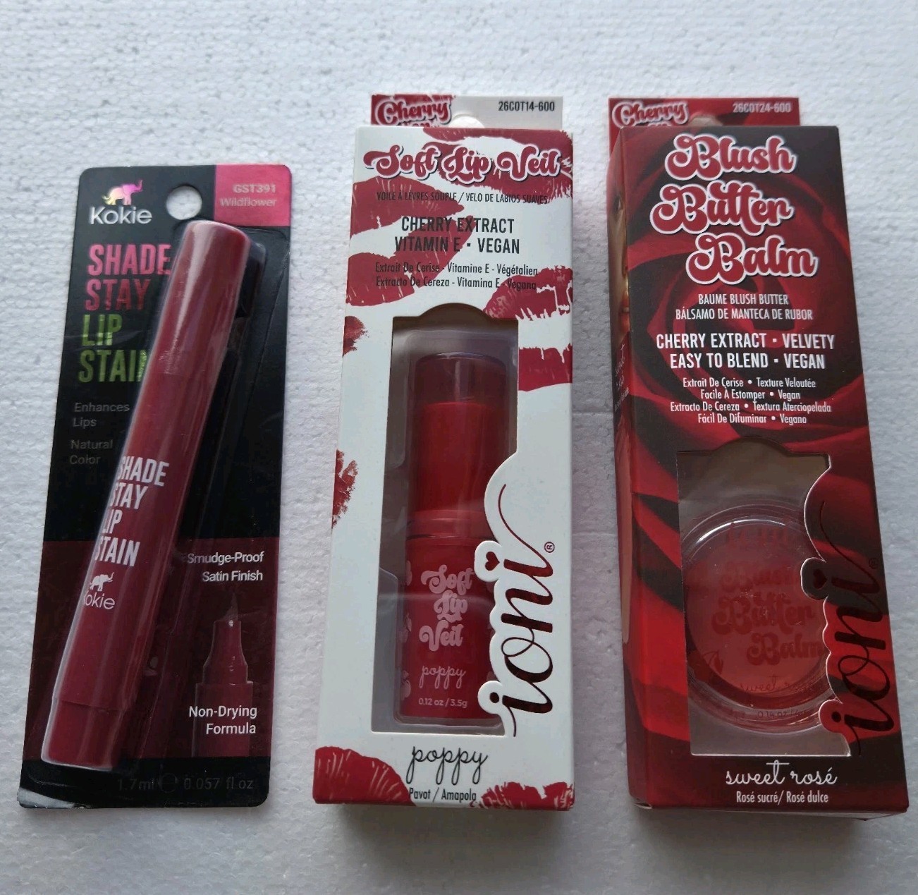 NIB Kokie Lip Stain Wildflower/Ioni Soft Lip Veil Poppy/Blush Balm Sweet Rosé
