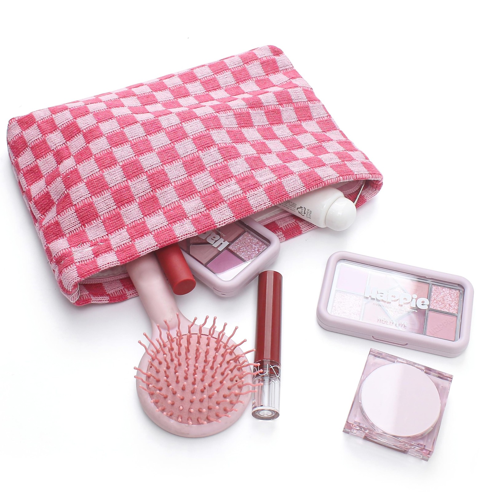 4Pcs Pink Checkered Makeup Bags, Cosmetic Toiletry Large Capacity Organizer G…