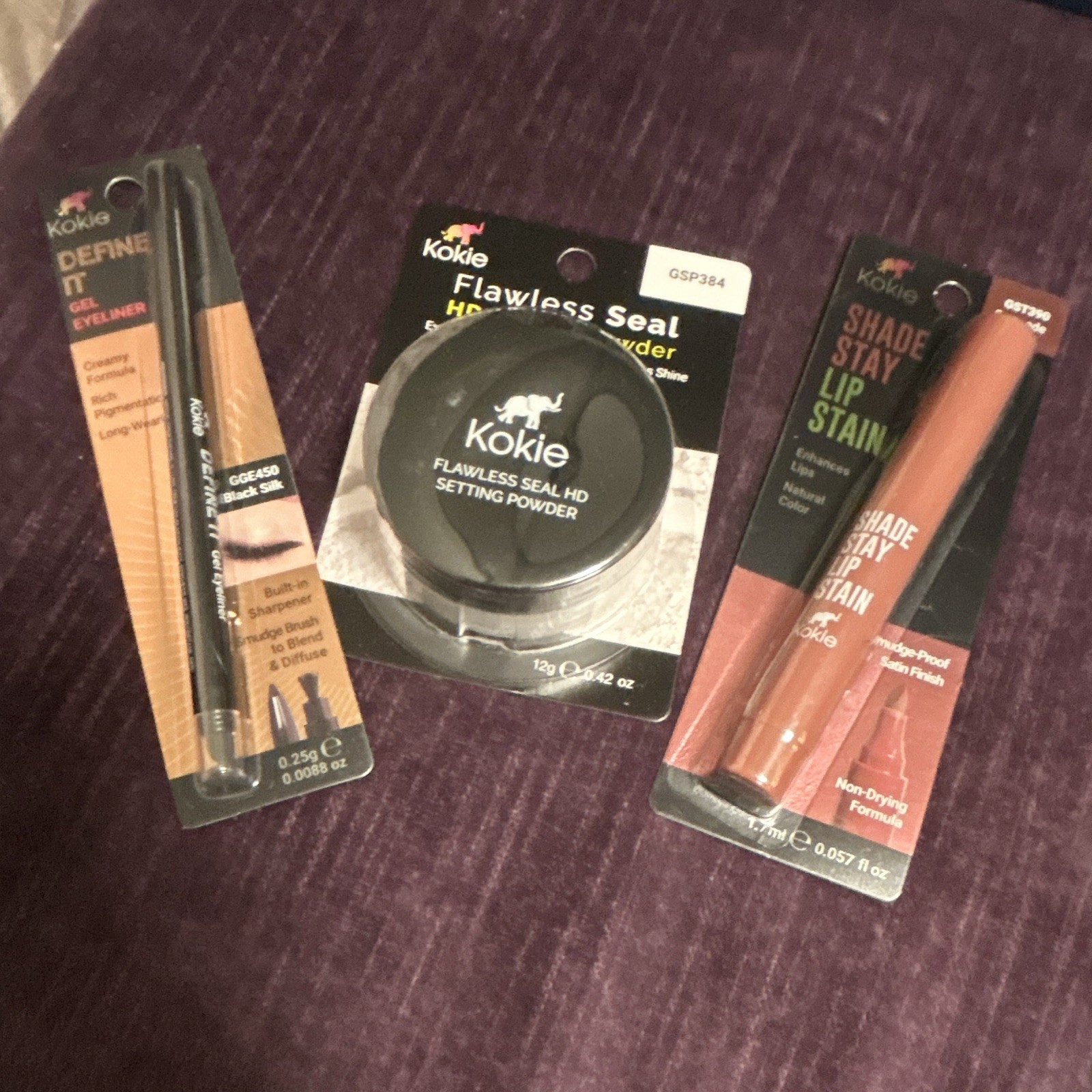 Kokie Lot: Define It Gel Eyeliner + Shade Stay Lip Stain + Powder all 3 items