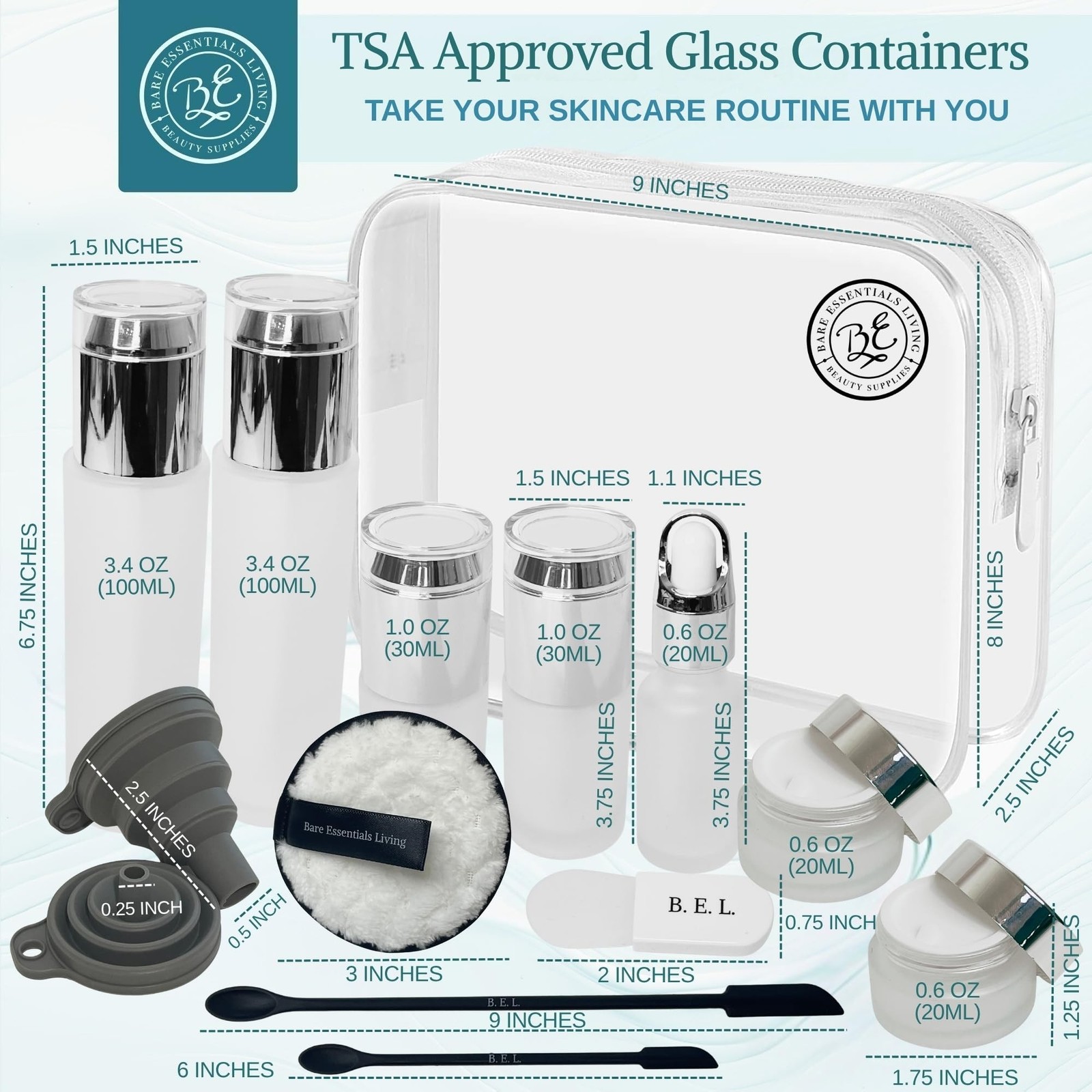 14 Pcs Travel Skincare Containers Set-TSA Approved Toiletry Bag & Glass Trave…