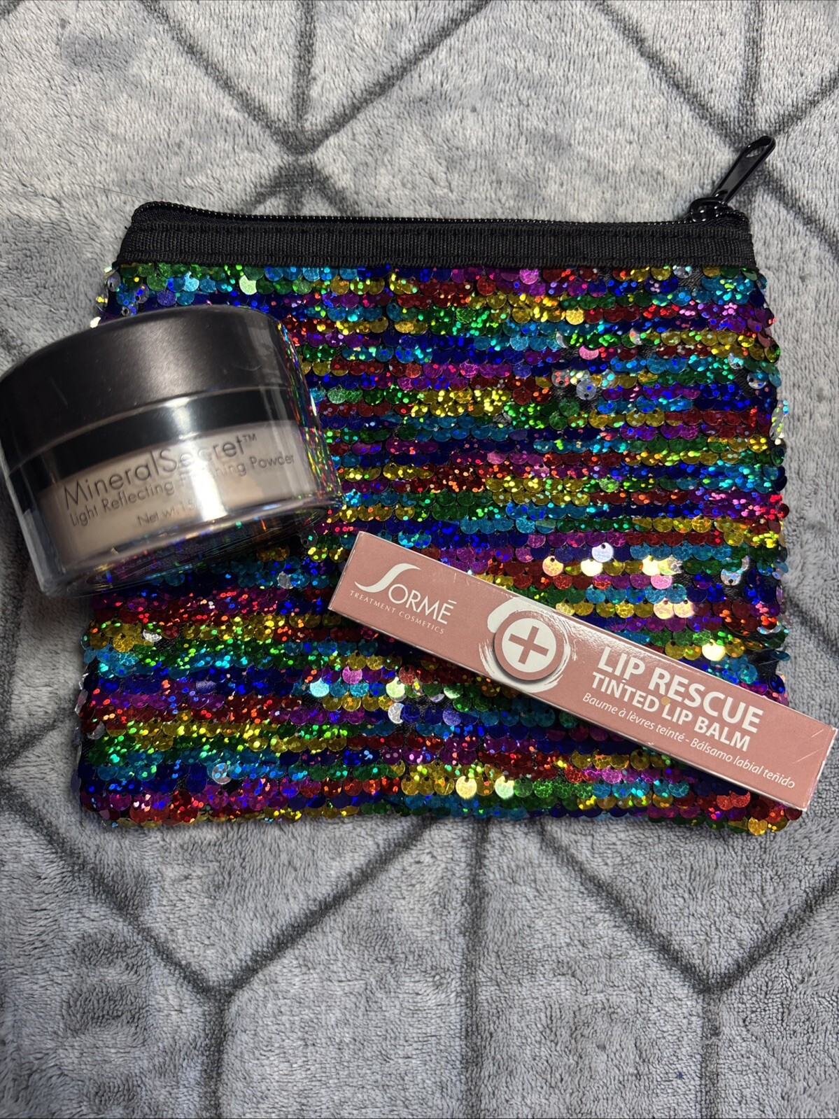 NEW Sorme Mineral Secret Finishing Powder Tan & Tinted Lip Balm W/sequin Pouch
