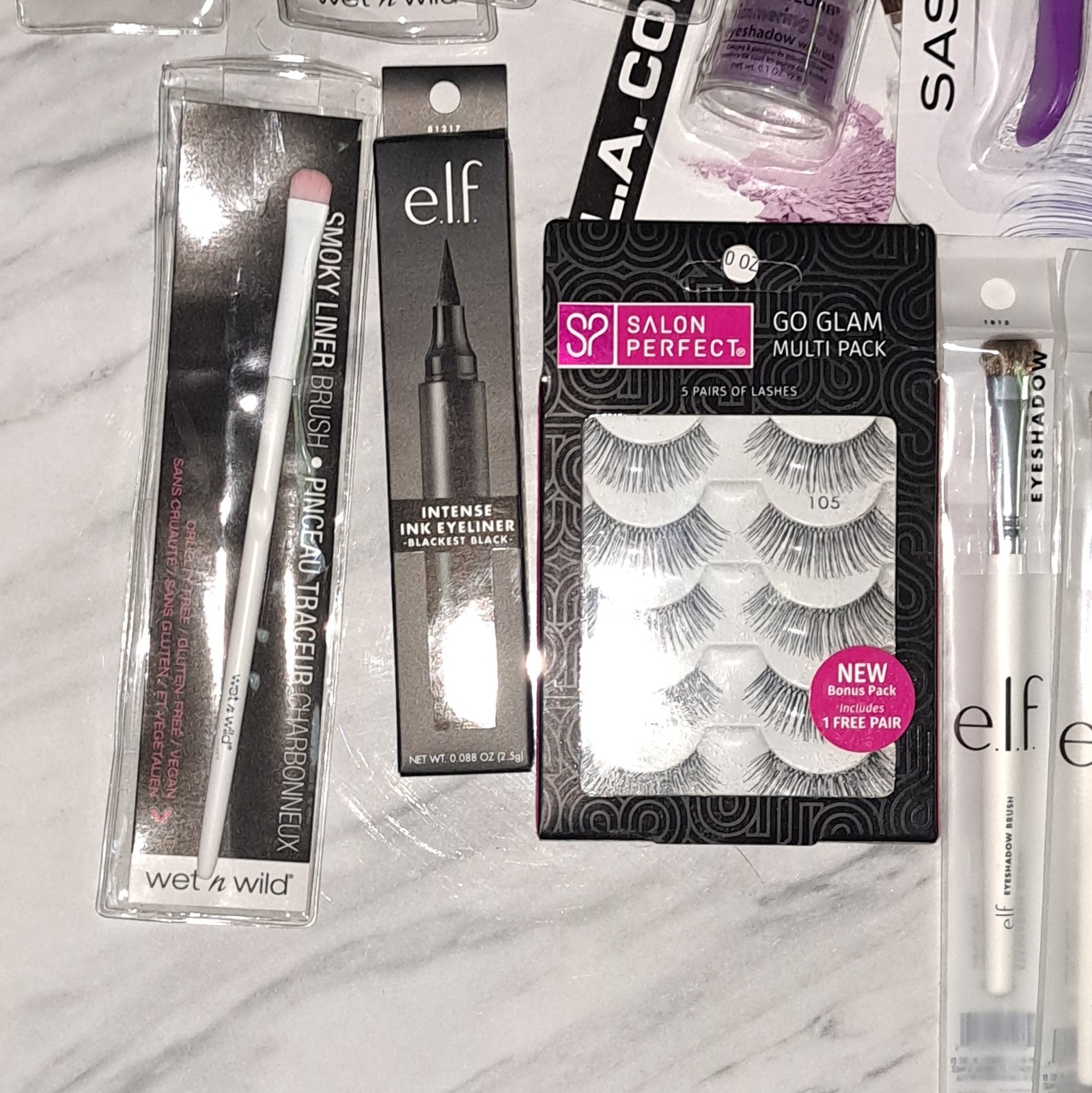 wet n wild + e.l.f. Makeup Tool Lot Full Size Brushes, Lash Curler + Eyeliner