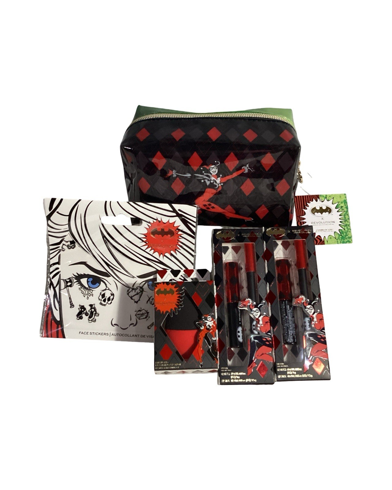 Revolution x DC Harley Quinn 5pc Lot; Cosmetic Bag, Sponge, 2 Lip Kits & Sticker