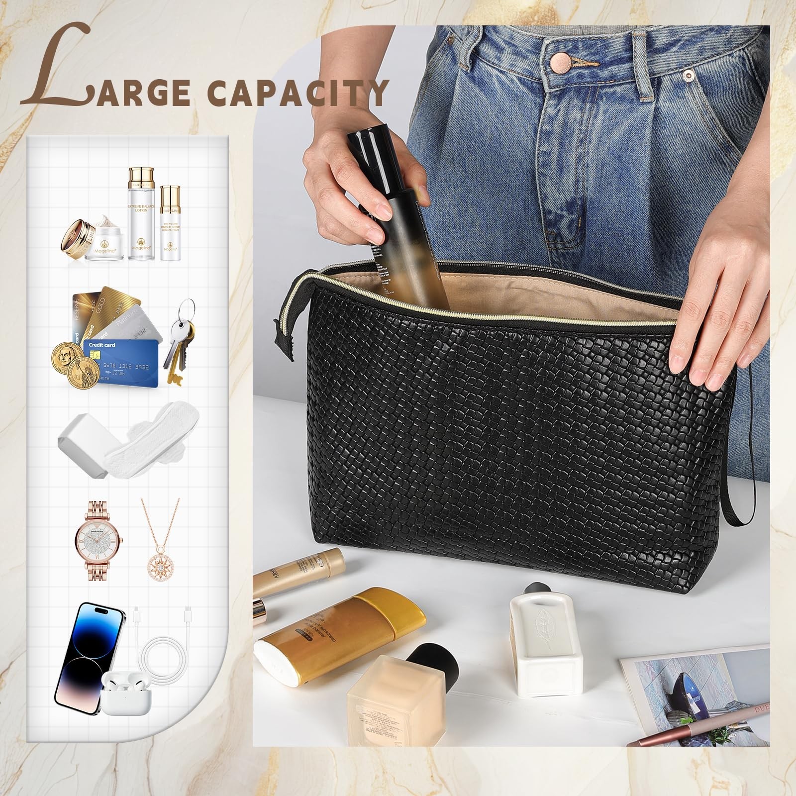 Large Makeup Bag with Wrist Strap, PU Leather Cosmetic Bag, Travel Toiletry P…
