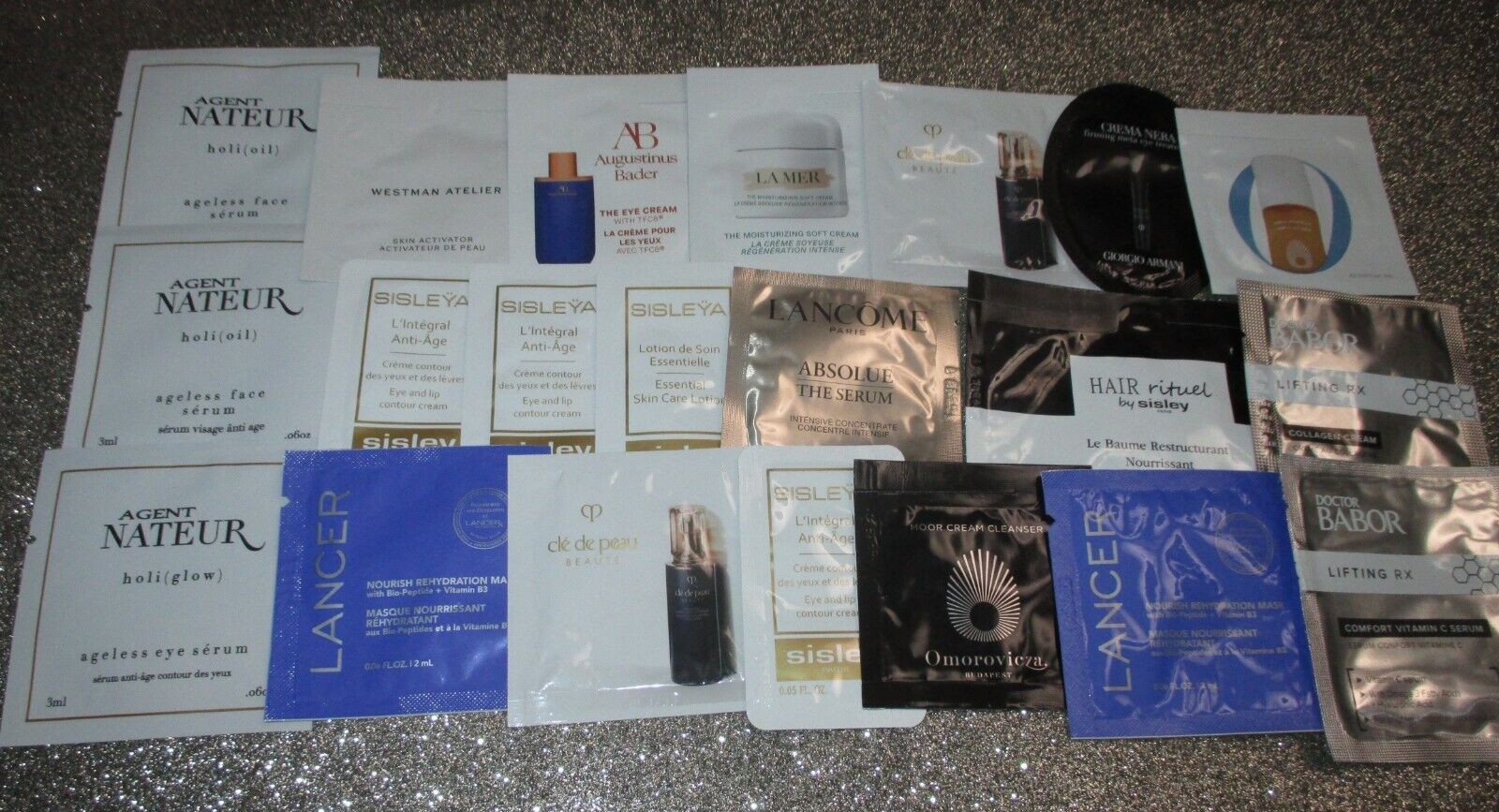 21 Pieces High End Skincare Sample Lot Sisley, Cle de Peau. Bader, Agent Nateur