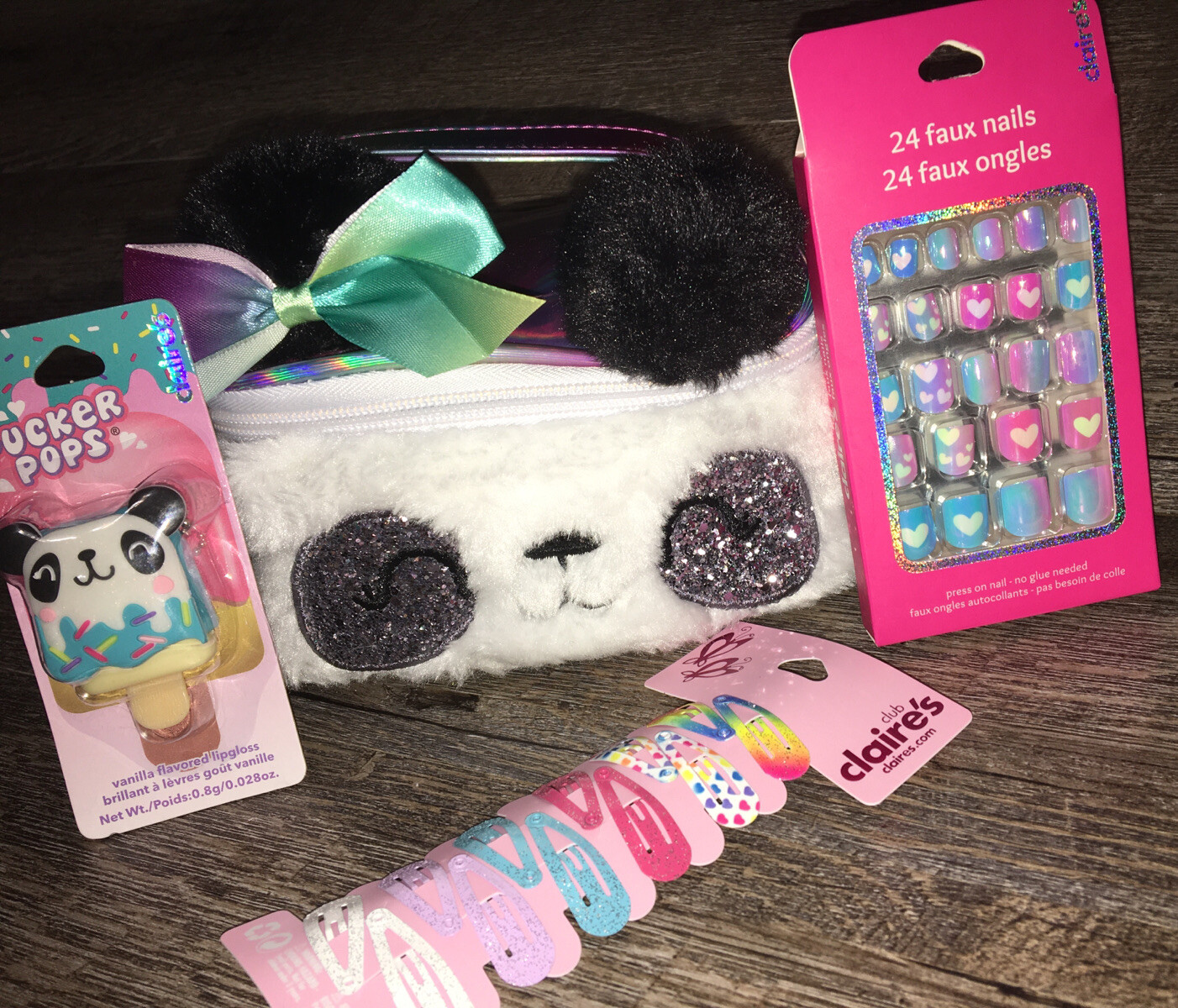 Claire’s Plush Panda Cosm Bag Hair Stick Nails Lip Gloss Keychain Backpack Clip