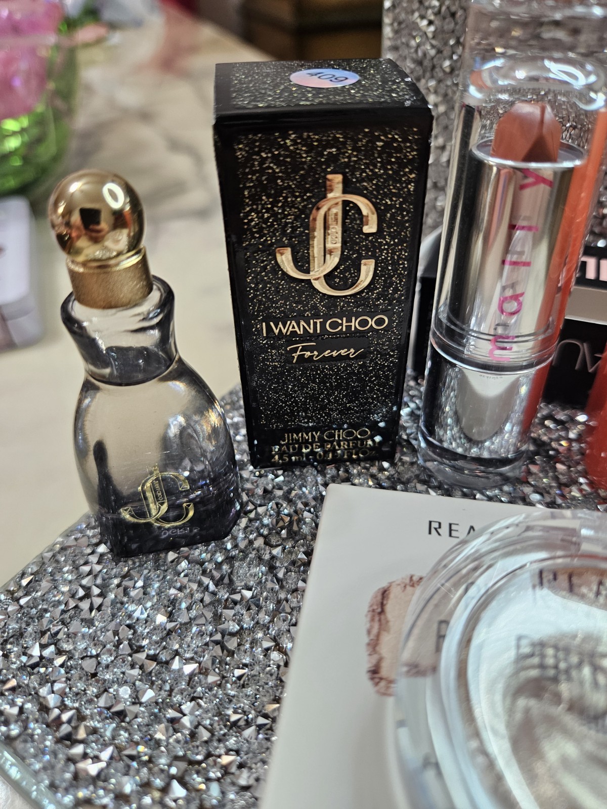 Jimmy Choo I Want Choo, REALHER Highlighter, Huda Beauty Lipstick Lot 4