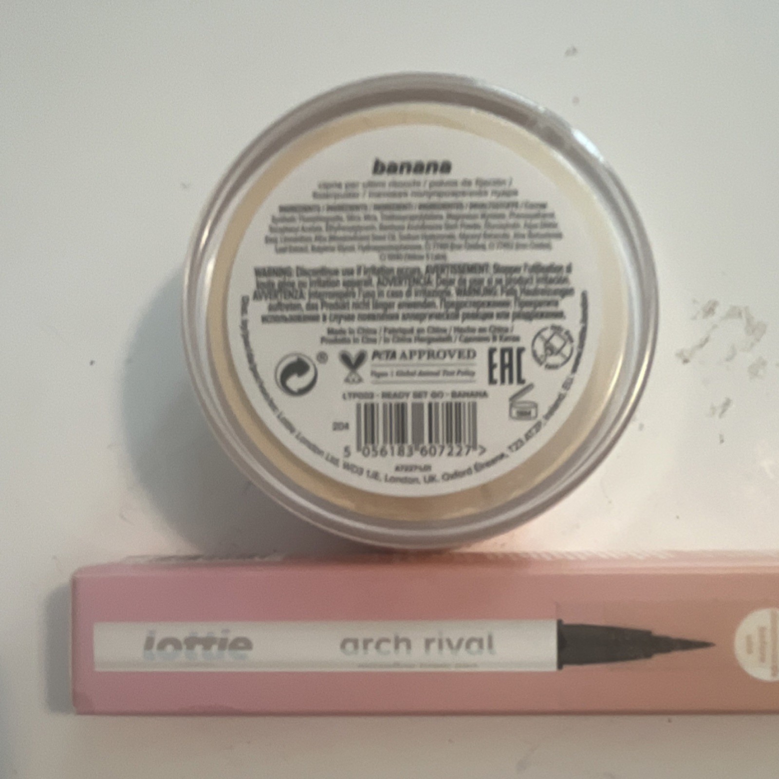 Lottie London Ready Set Go Banana Setting Powder + Arch Rival Brow Pen, PETA